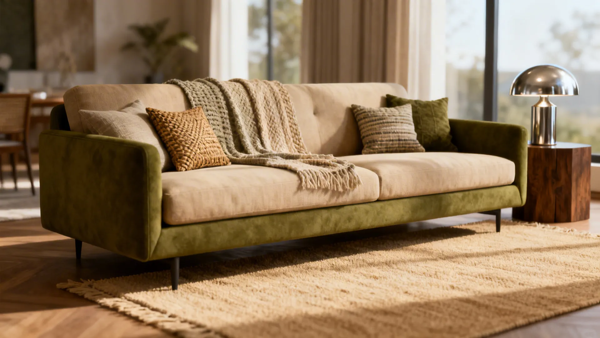 Olive seating paired with beige and sand textiles, woven rug and metallic lamp in a calm living room