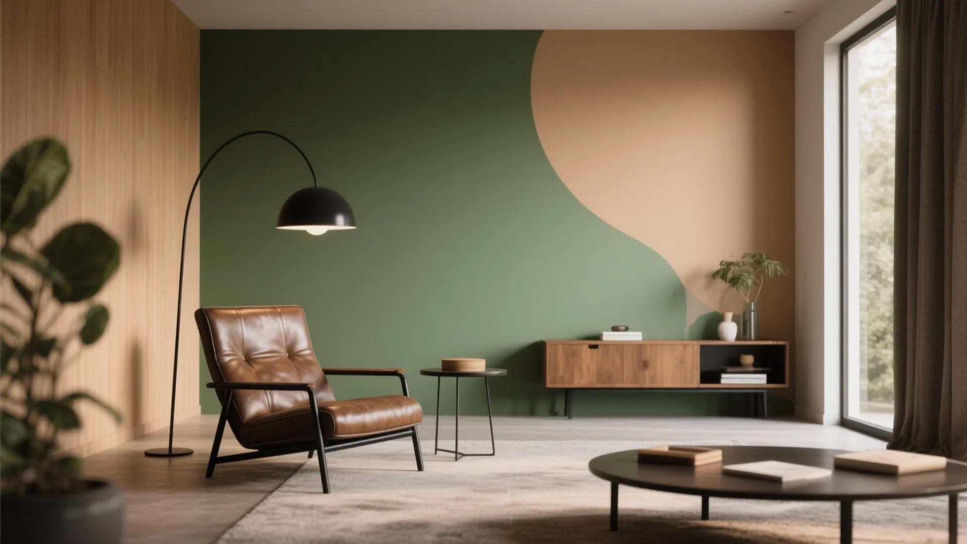 Retro living room with brown leather armchair wooden cabinet floor lamp and green wall paint design