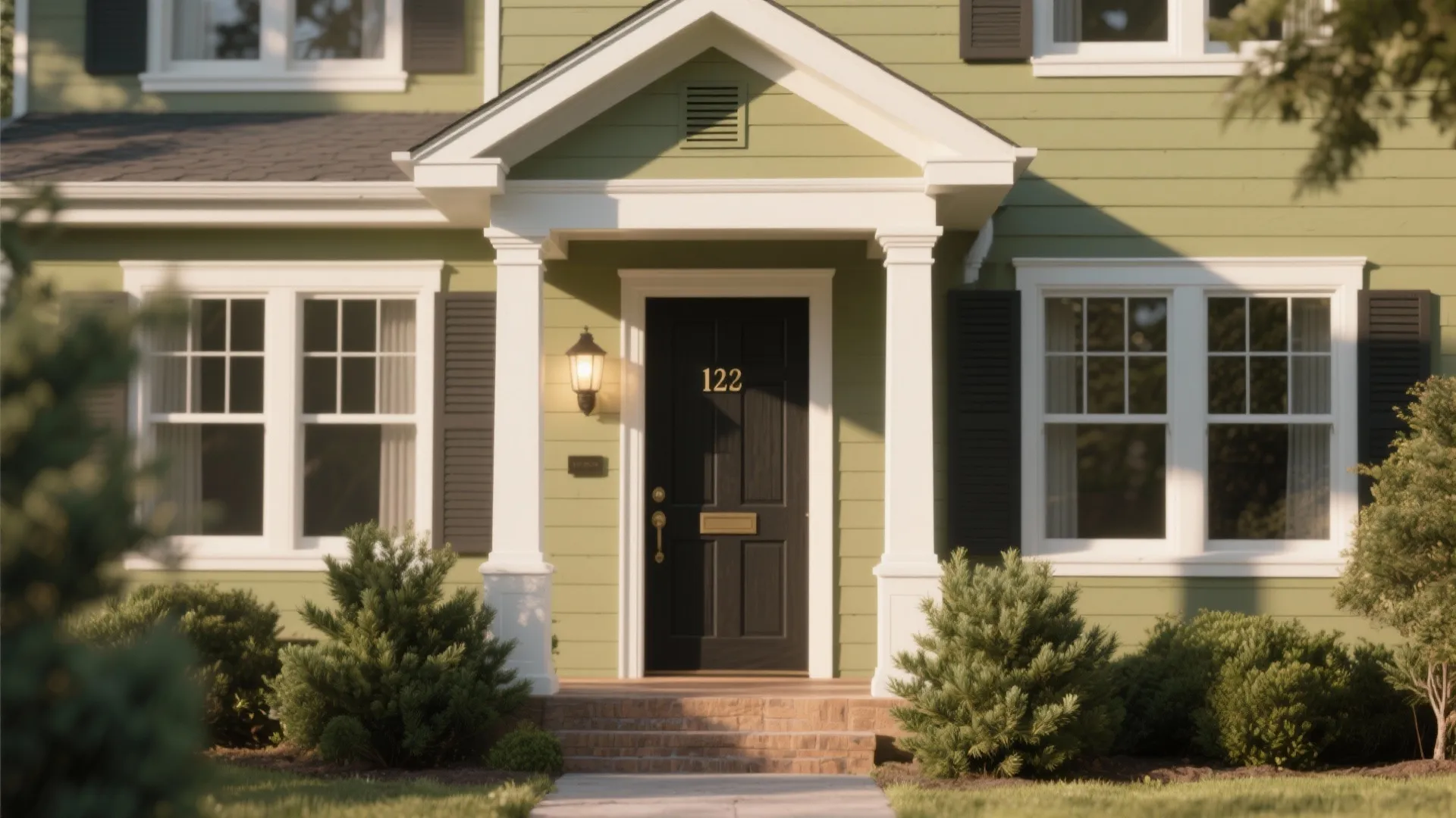 House exterior painted olive green with crisp white trim, wood door, and soft daylight highlighting texture.