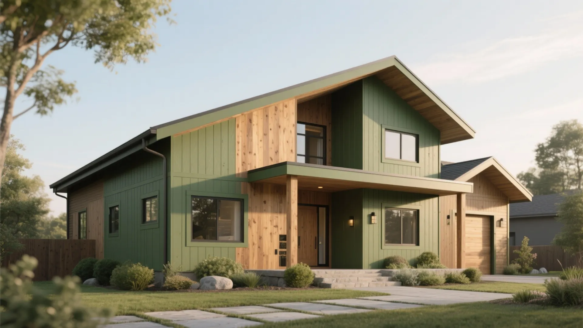 Modern two-story house with green siding, wood panels, large windows, porch, garage and stone path