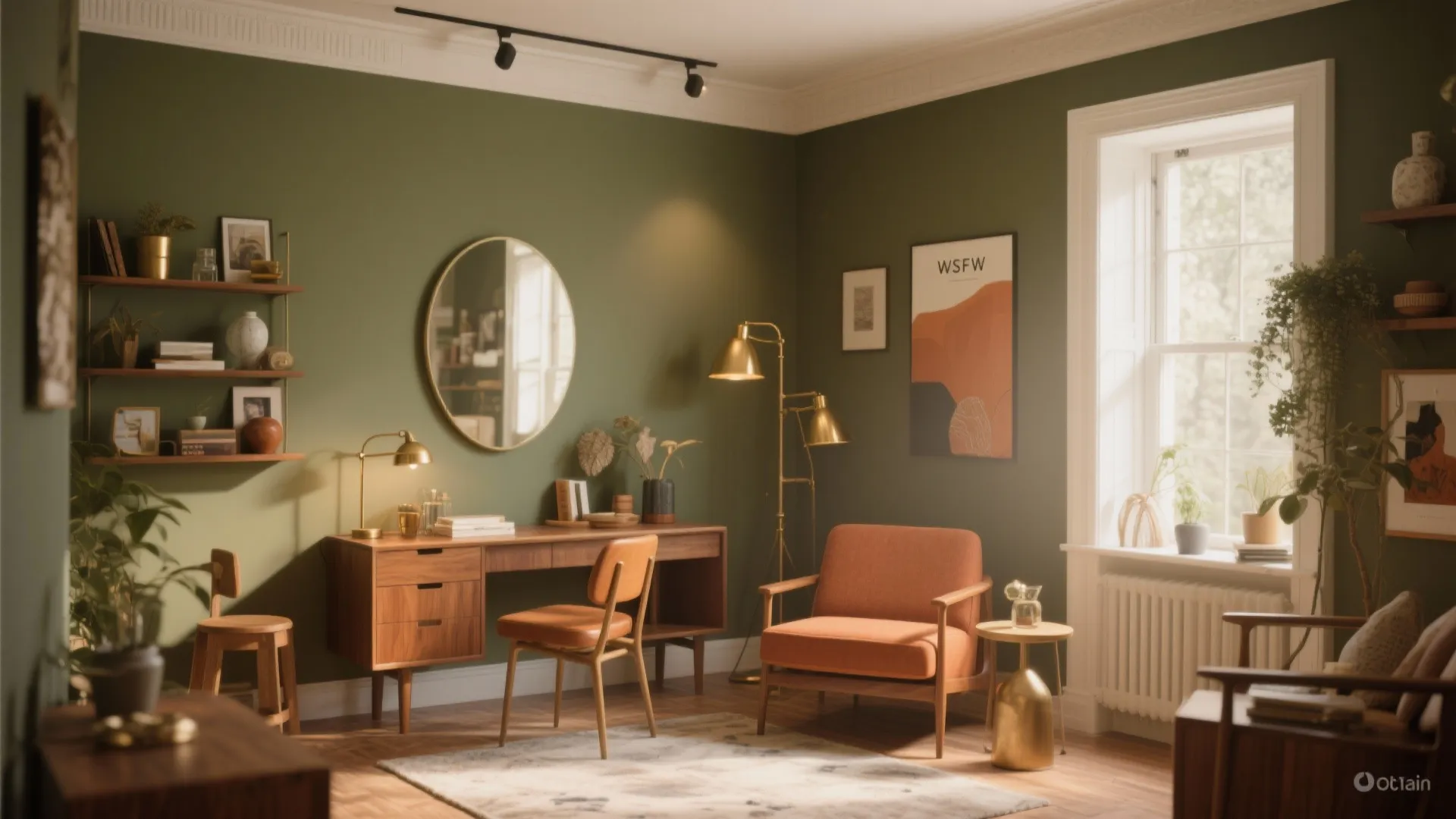 Small studio with olive walls paired with warm wood furniture and brushed brass fixtures for a curated, upscale look.