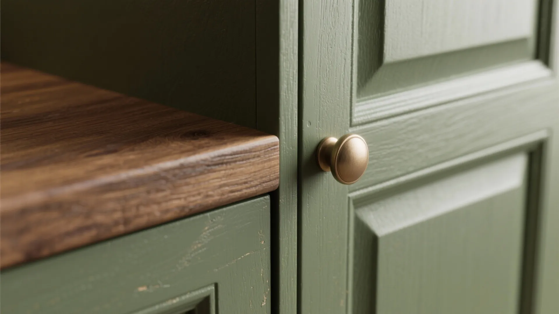 Close-up of matte olive-green cabinet edge with warm walnut countertop and visible wood grain.