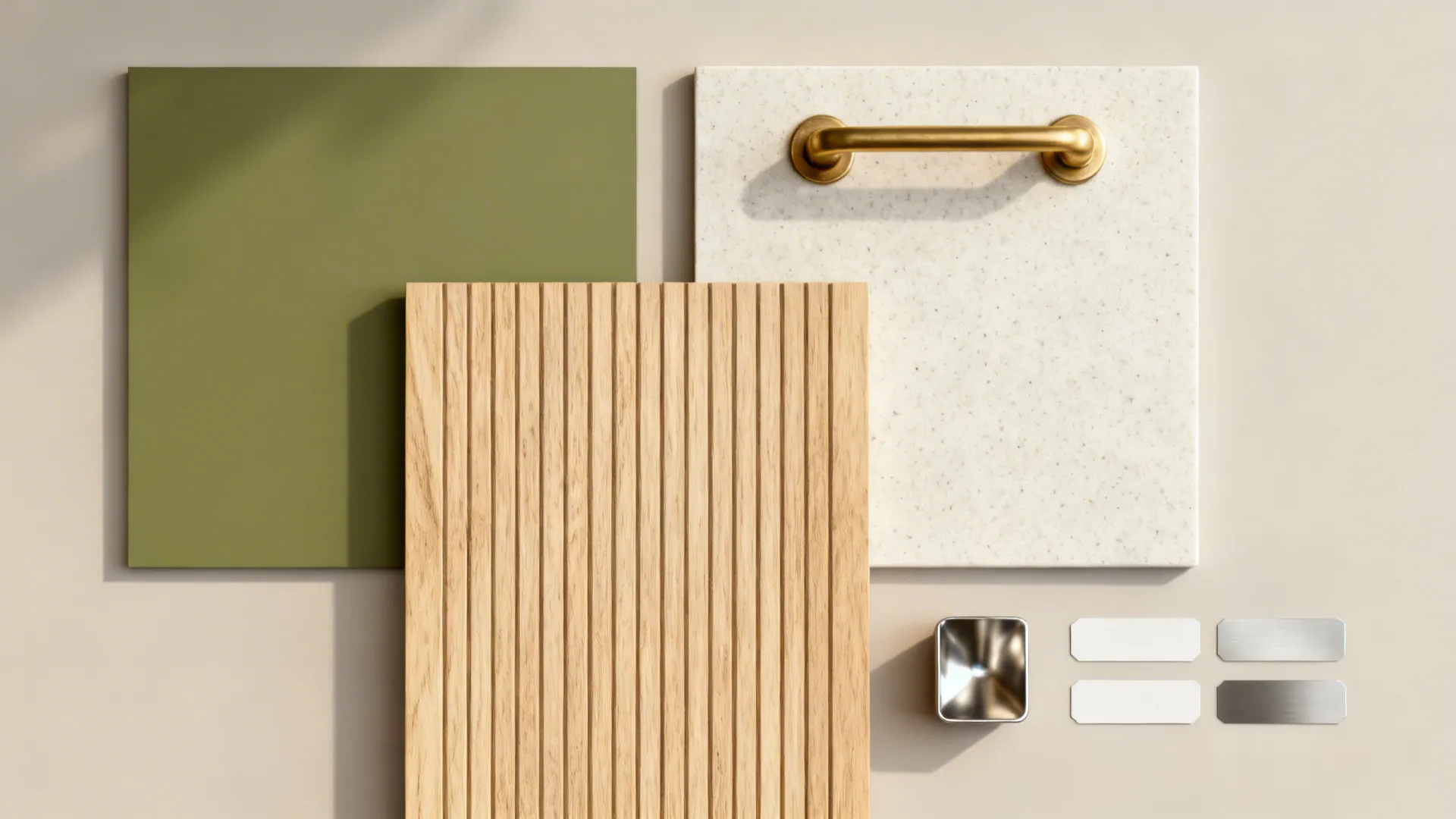 Material flat lay with olive laminate, ash wood, pale quartz, brass hardware, and stainless.