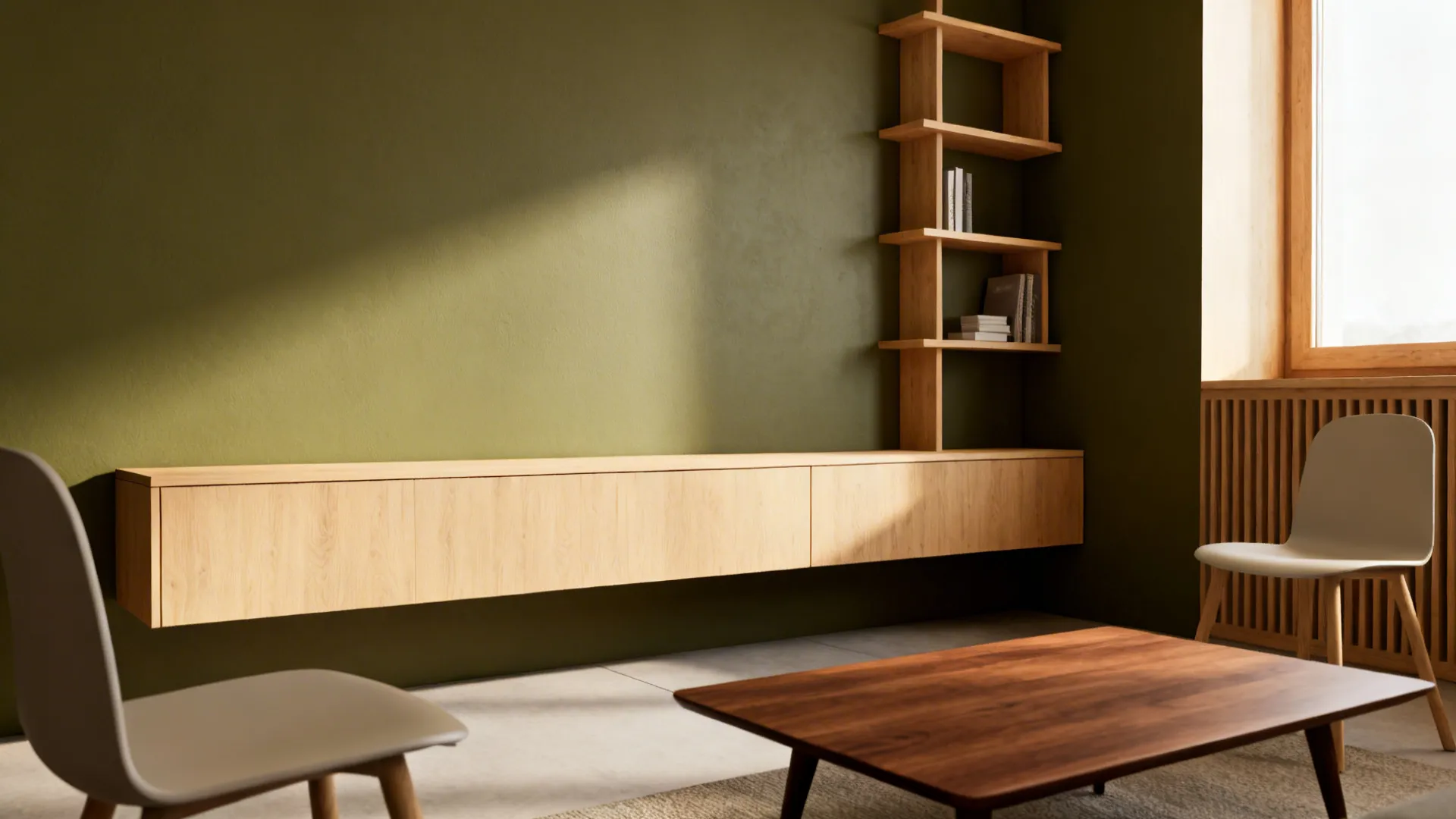 Scandinavian small living room with olive walls and warm oak furniture