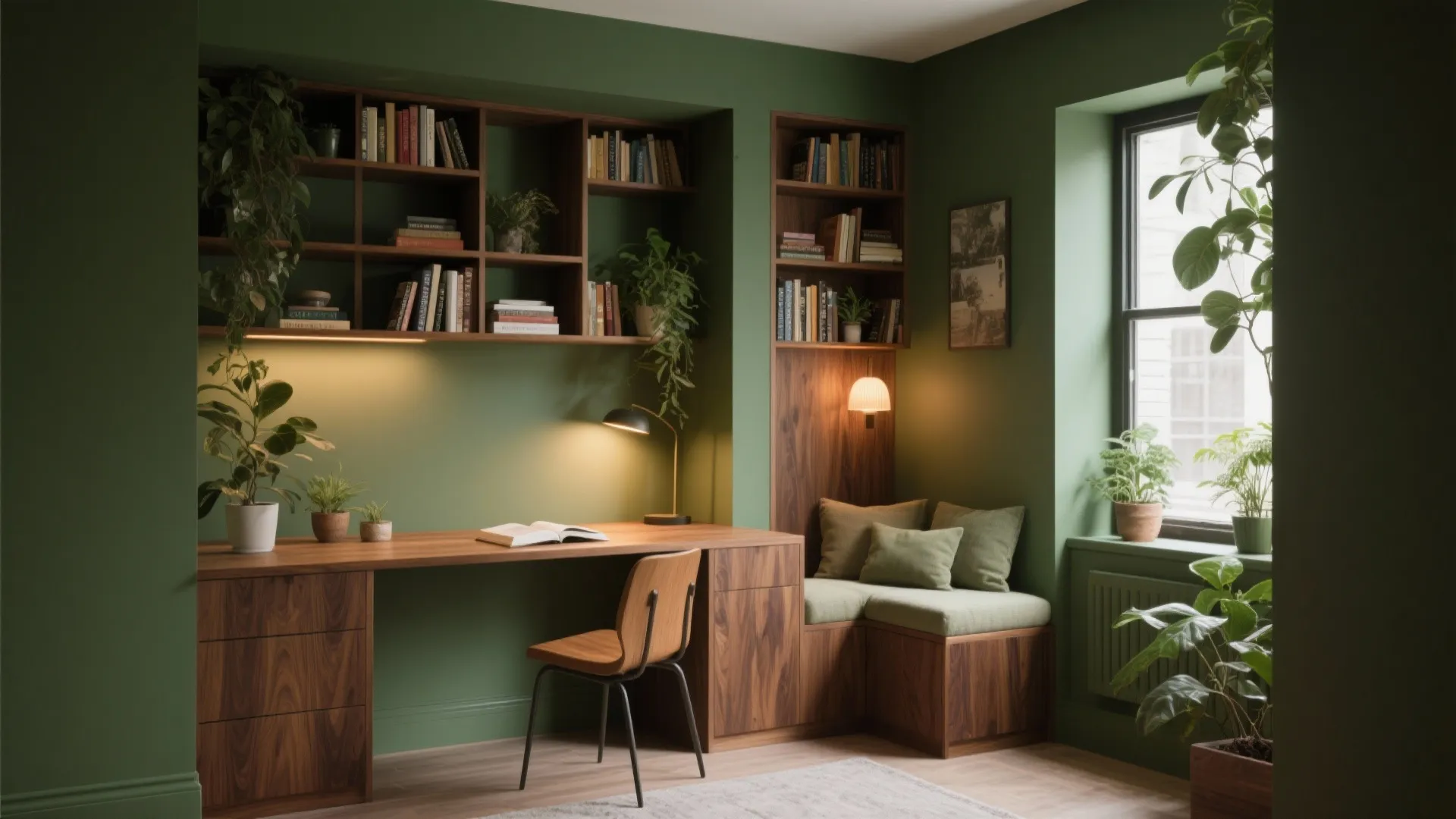 Green study room with wooden desk chair bookshelves and small reading corner with green cushions