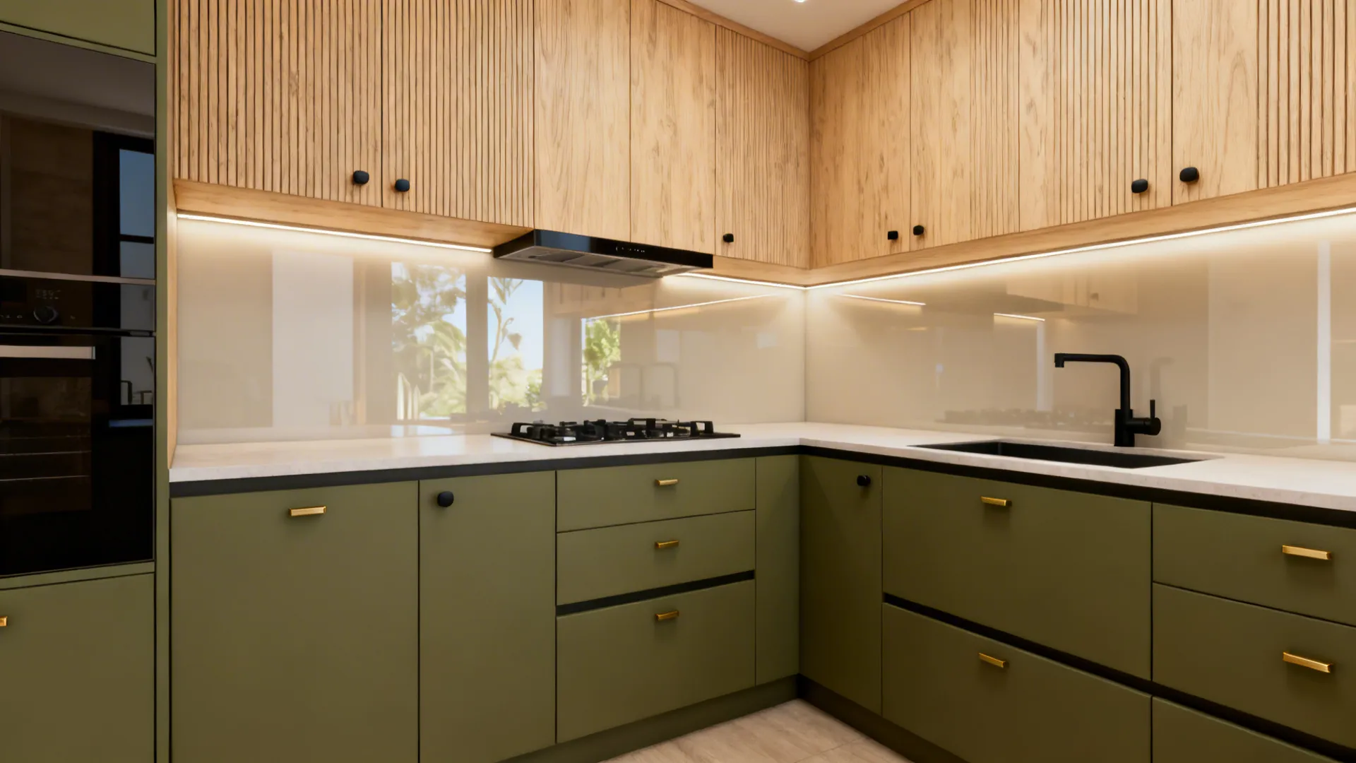 Two-tone olive base cabinets with light wood uppers in a small Indian kitchen.