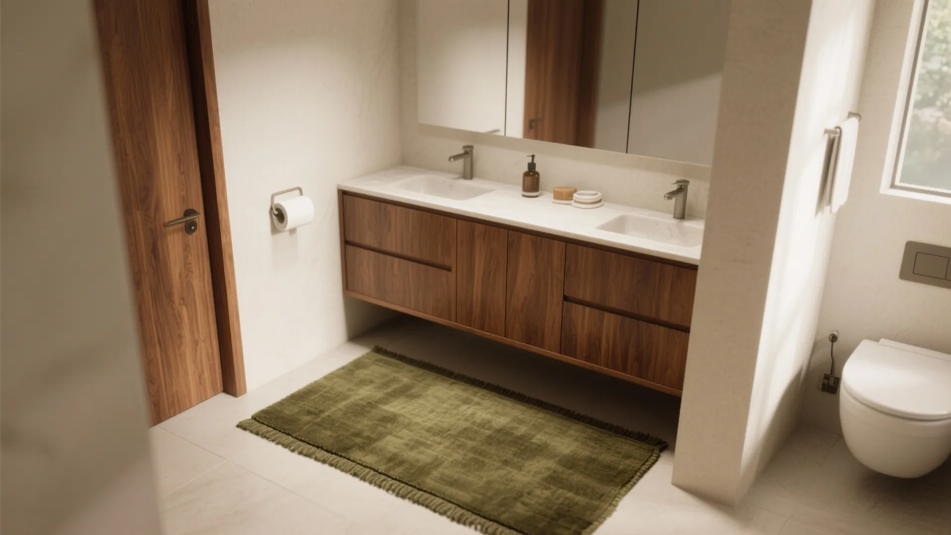 Olive rug placed in front of a teak vanity in a compact powder room
