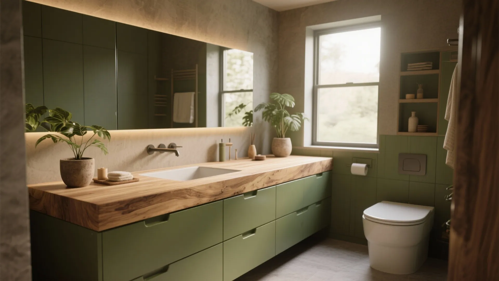 Olive green vanity with a natural wood countertop and warm earthy accents
