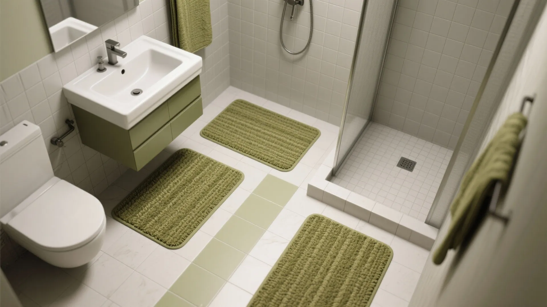 Top-down view of small olive mats defining sink and shower zones on neutral tiles
