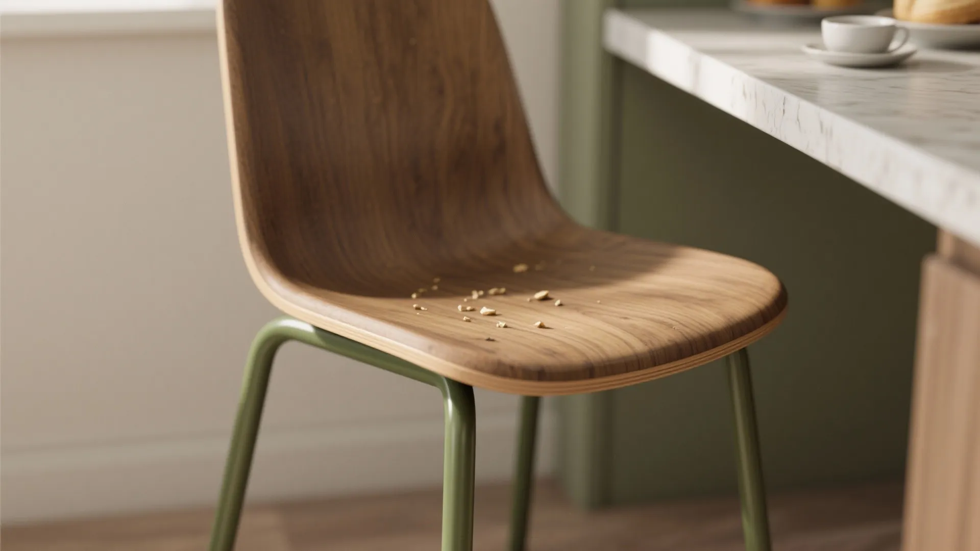 Close up of wooden chair with green metal legs standing next to white marble countertop