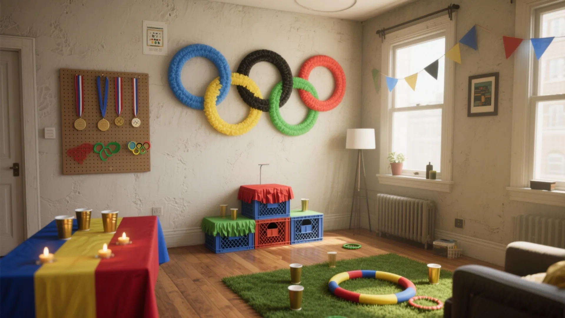 Living room decorated with five colorful rings on wall medals on board and a table
