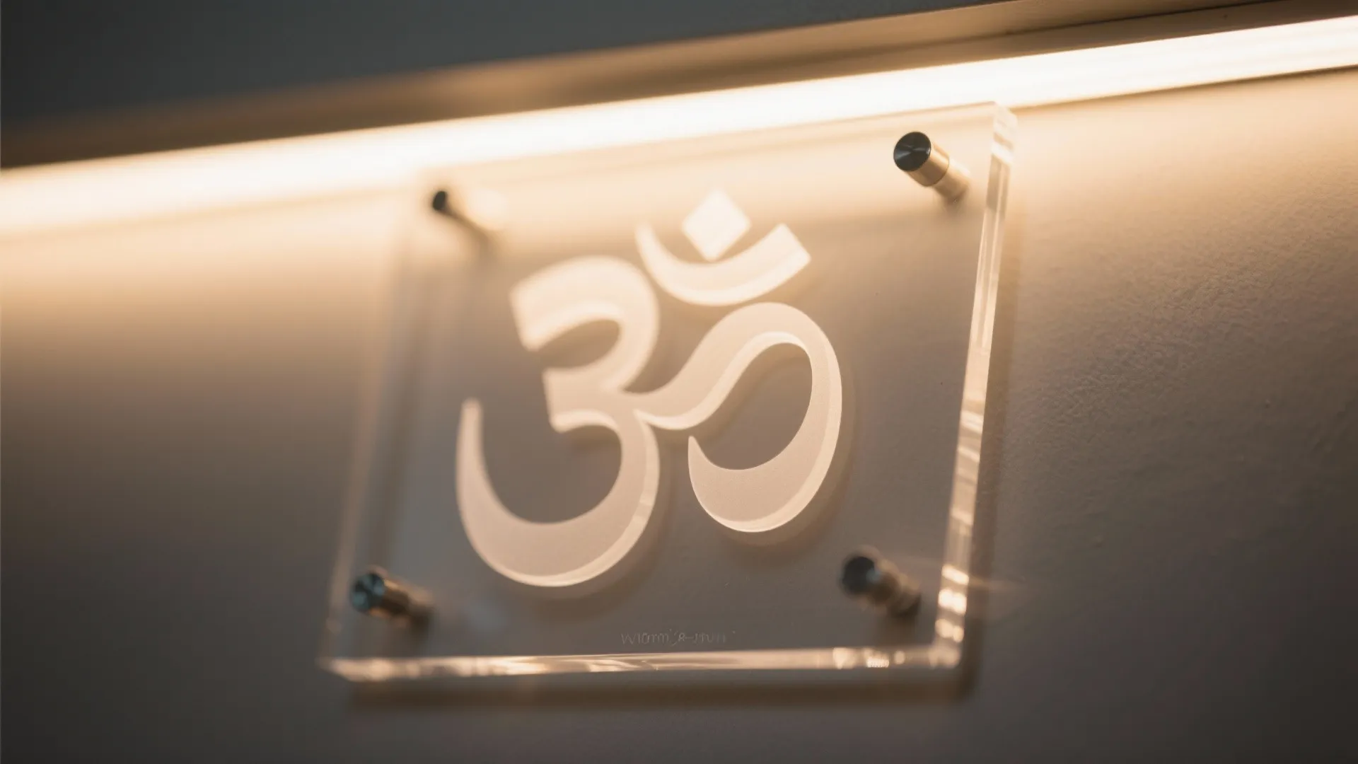 Close up of glowing Om symbol on clear acrylic plate with warm light and metal pins