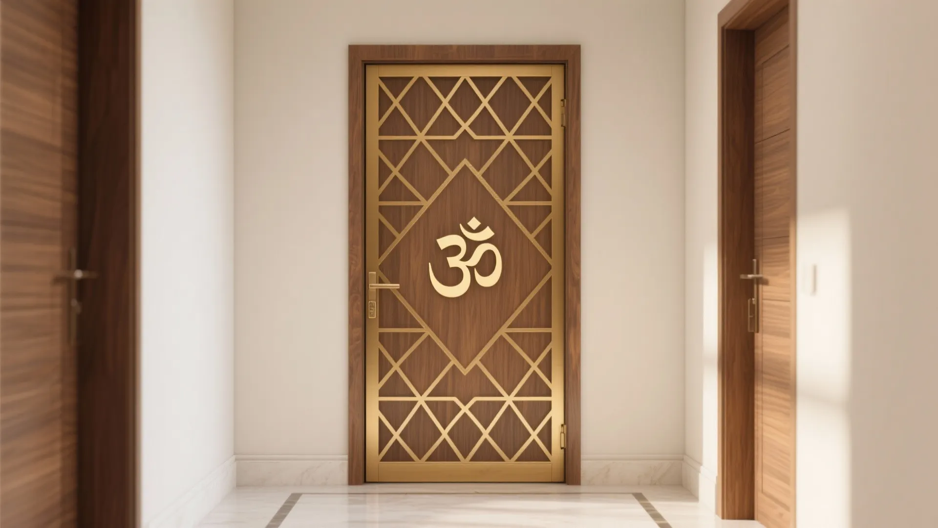 Wooden door with gold geometric patterns and religious symbol in a bright white hallway interior