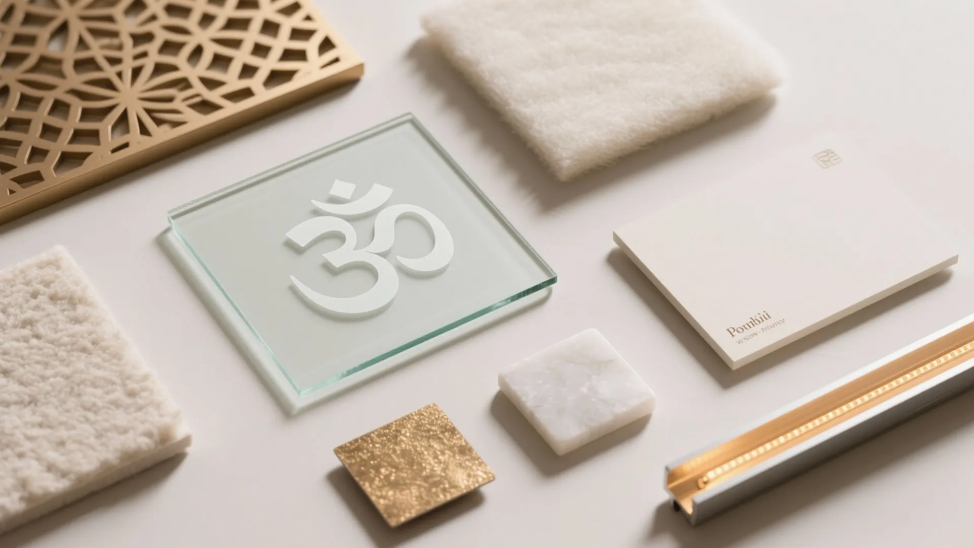 Flatlay of frosted glass, PET felt, brass, quartz, paint card, and LED channel for an OM jali.
