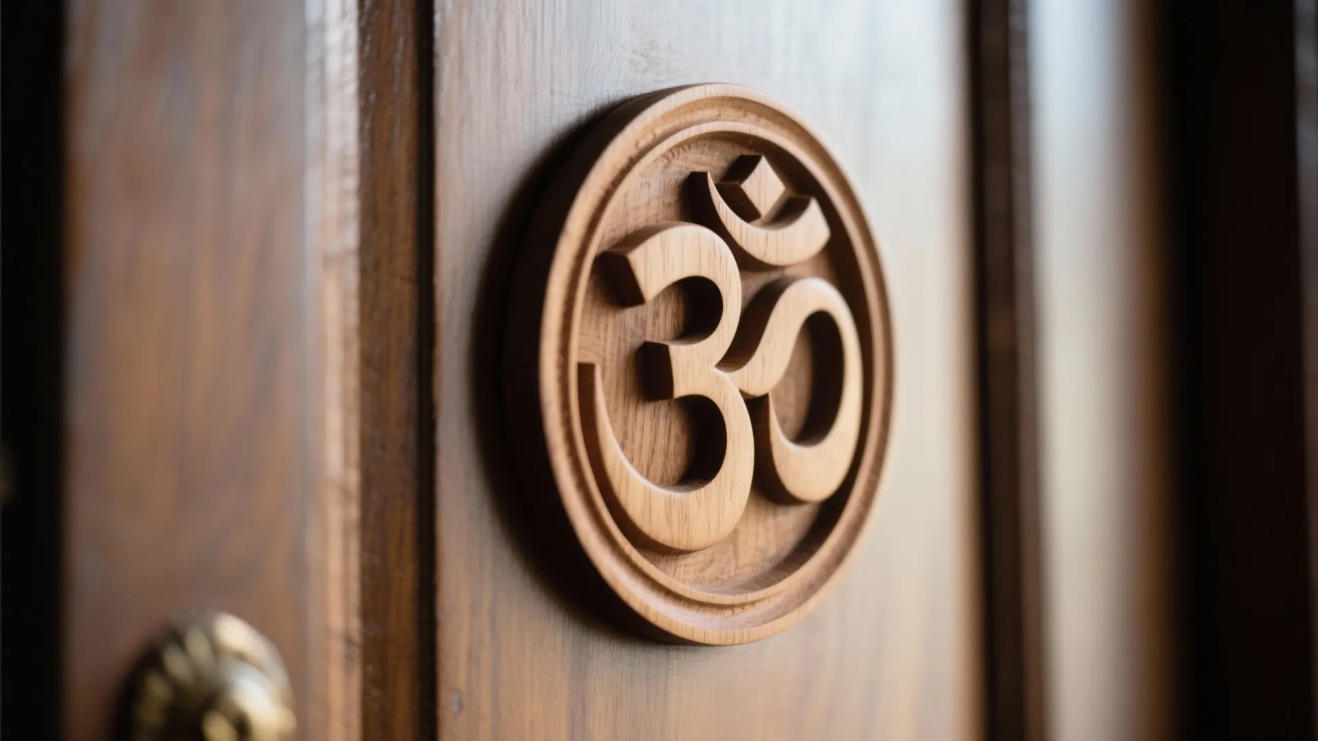 Close up of a wooden om symbol carved into a round decorative plate on dark door