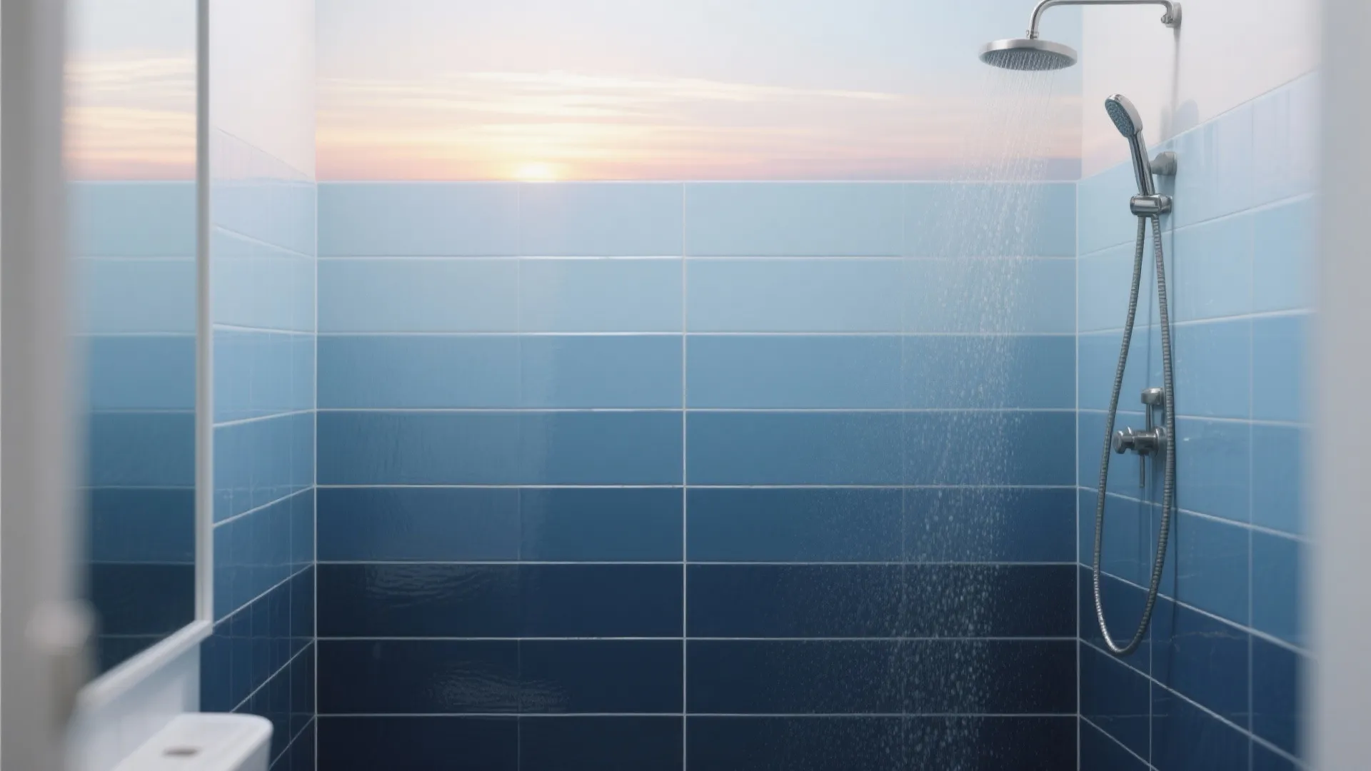 Shower with ombre 4x10 tiles fading from navy to light blue