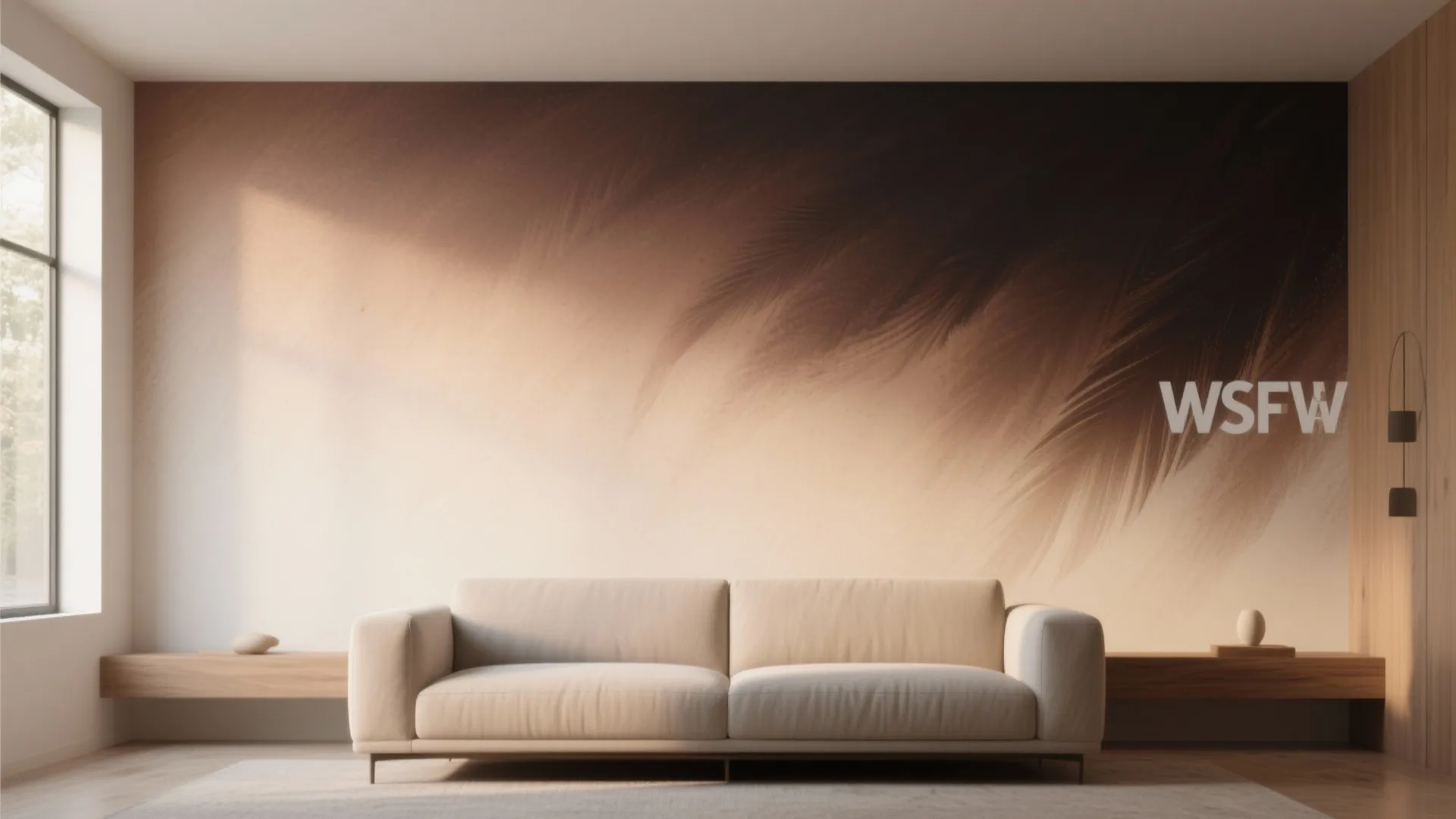 Modern living room featuring a large brown feather wall design behind a clean beige sofa