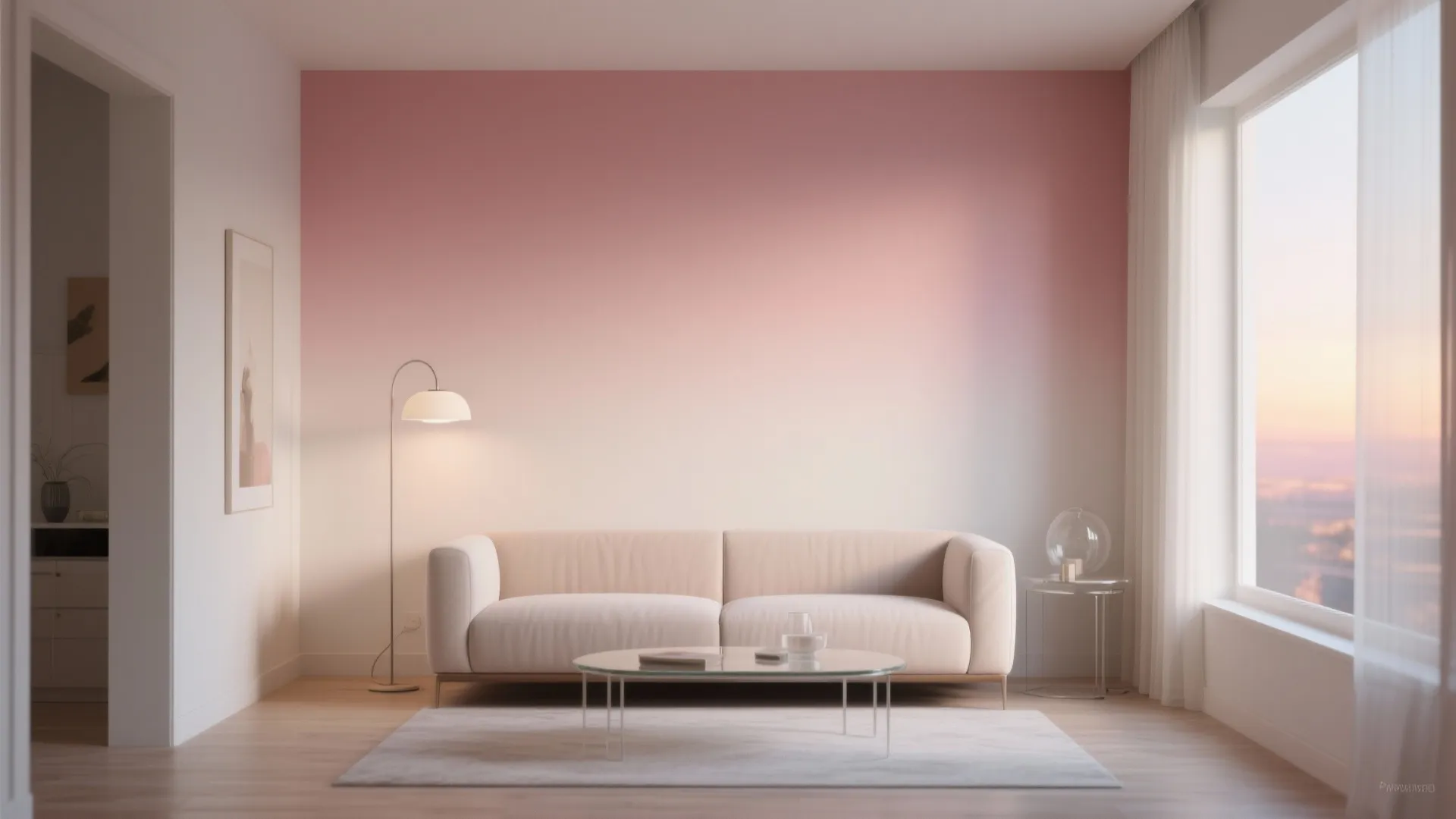 Modern living room with pink ombre wall white sofa glass coffee table and floor lamp