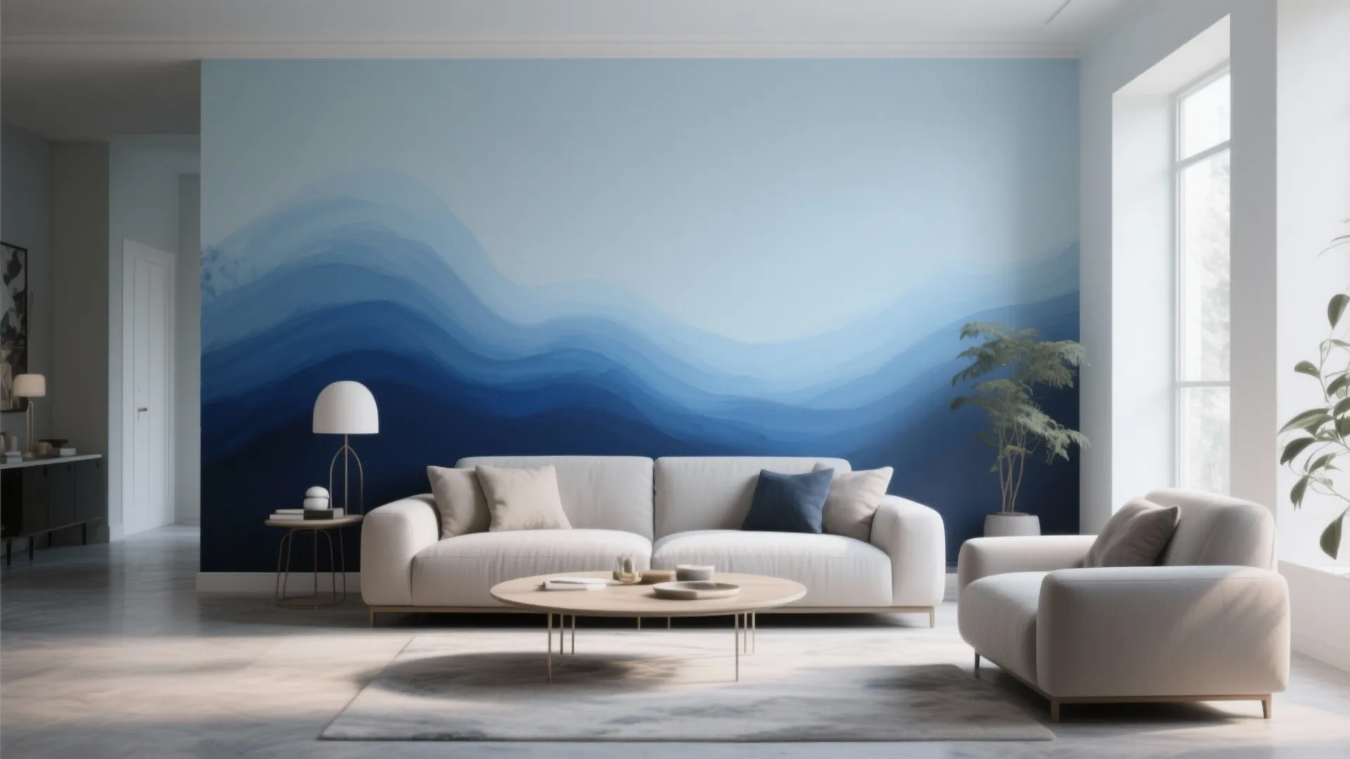 Living room featuring blue wave pattern wall white sofa round coffee table and bright natural light