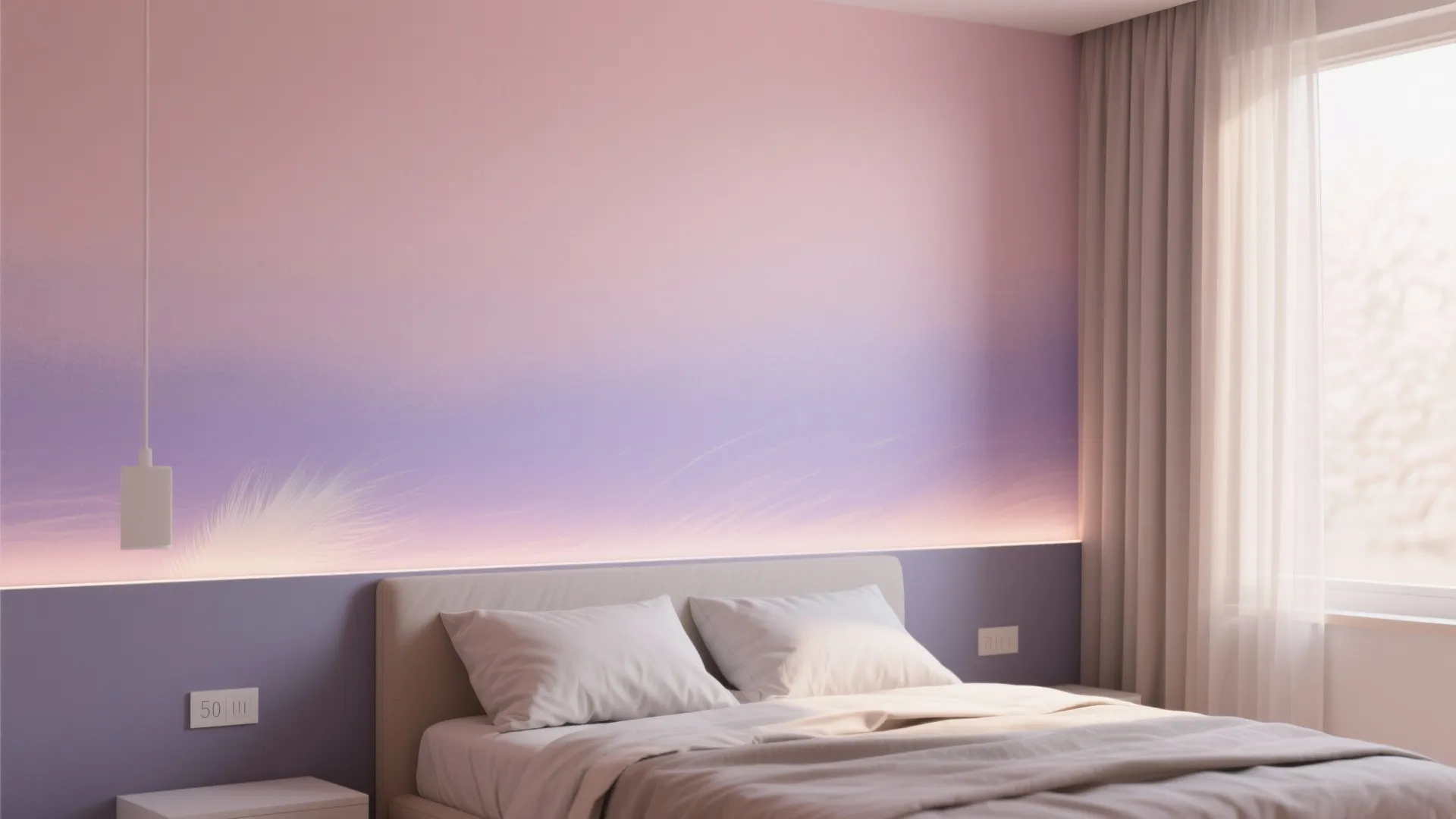 Cozy bedroom with purple wall panel and pink gradient wallpaper behind a comfortable white bed