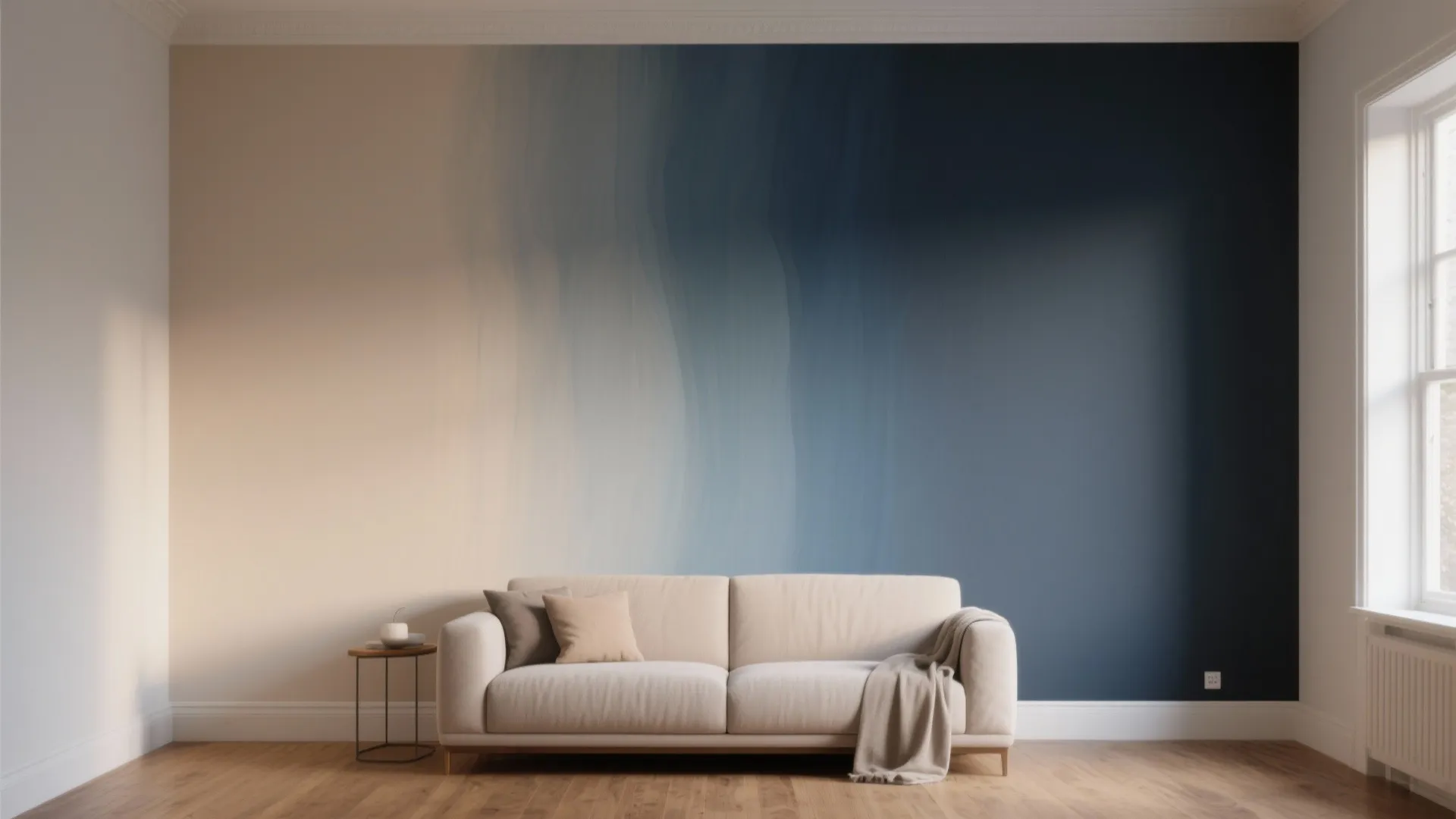 Minimalist living room with a beige sofa against a wall featuring blue and cream paint