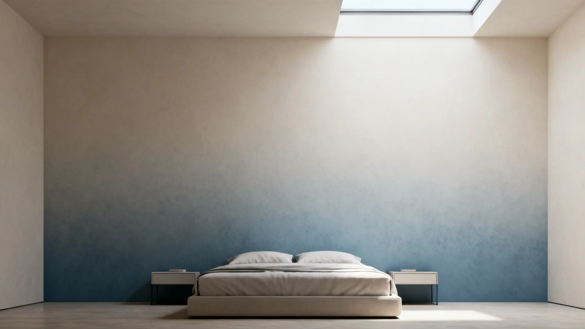 Serene bedroom with a soft ombré wall fading from pale neutral to muted blue behind the bed