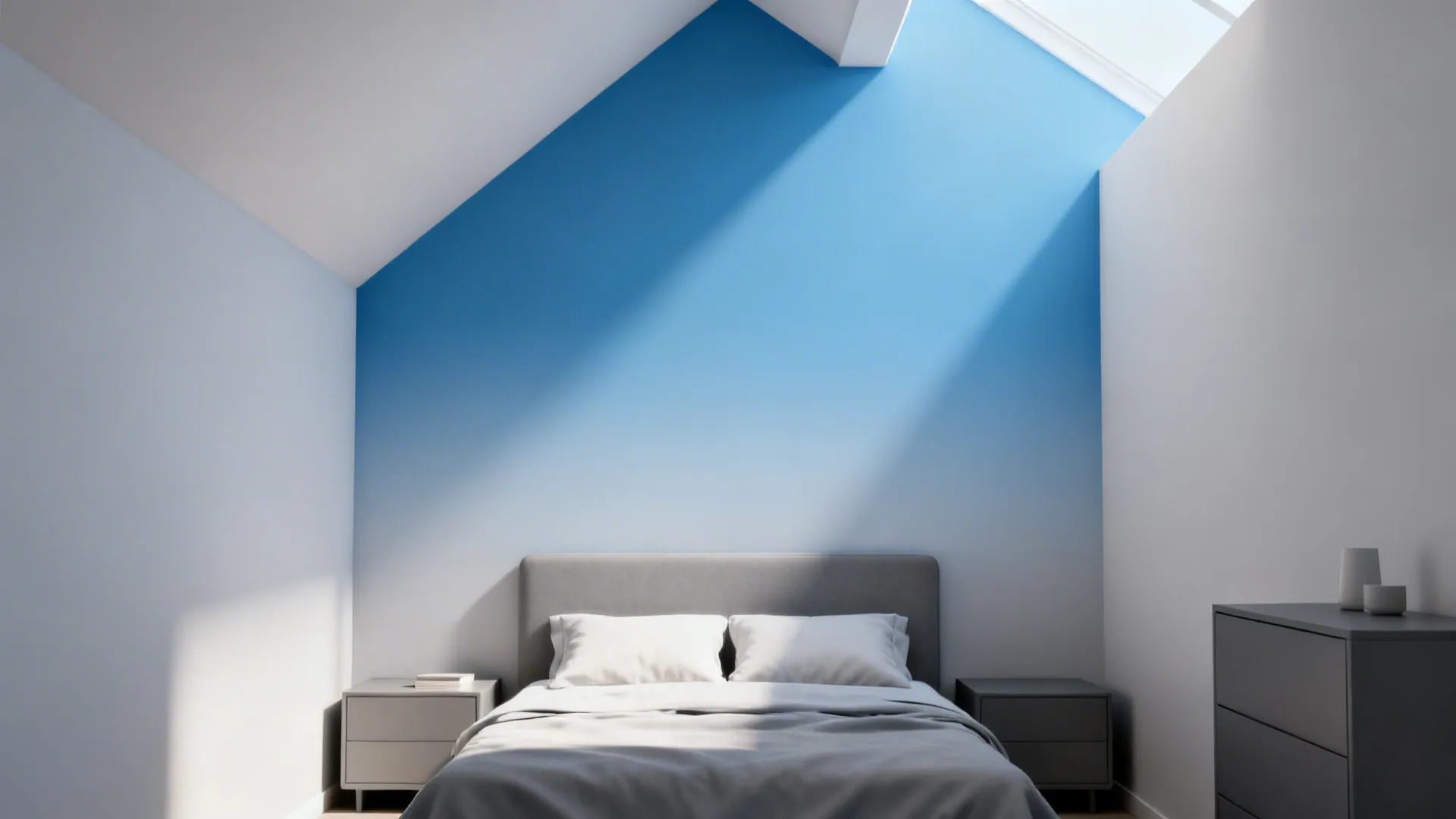 Bedroom with sky-to-gray ombré wall and minimalist gray furniture making the ceiling appear higher.