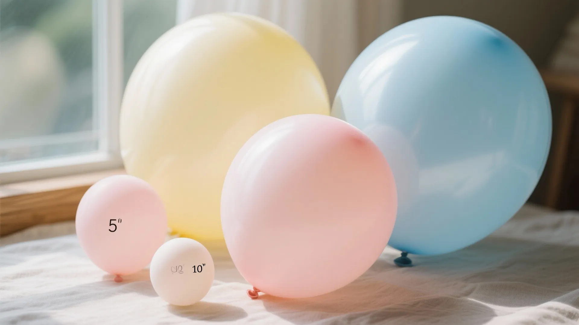 Assorted colorful balloons in pink yellow and blue placed on a soft white fabric surface