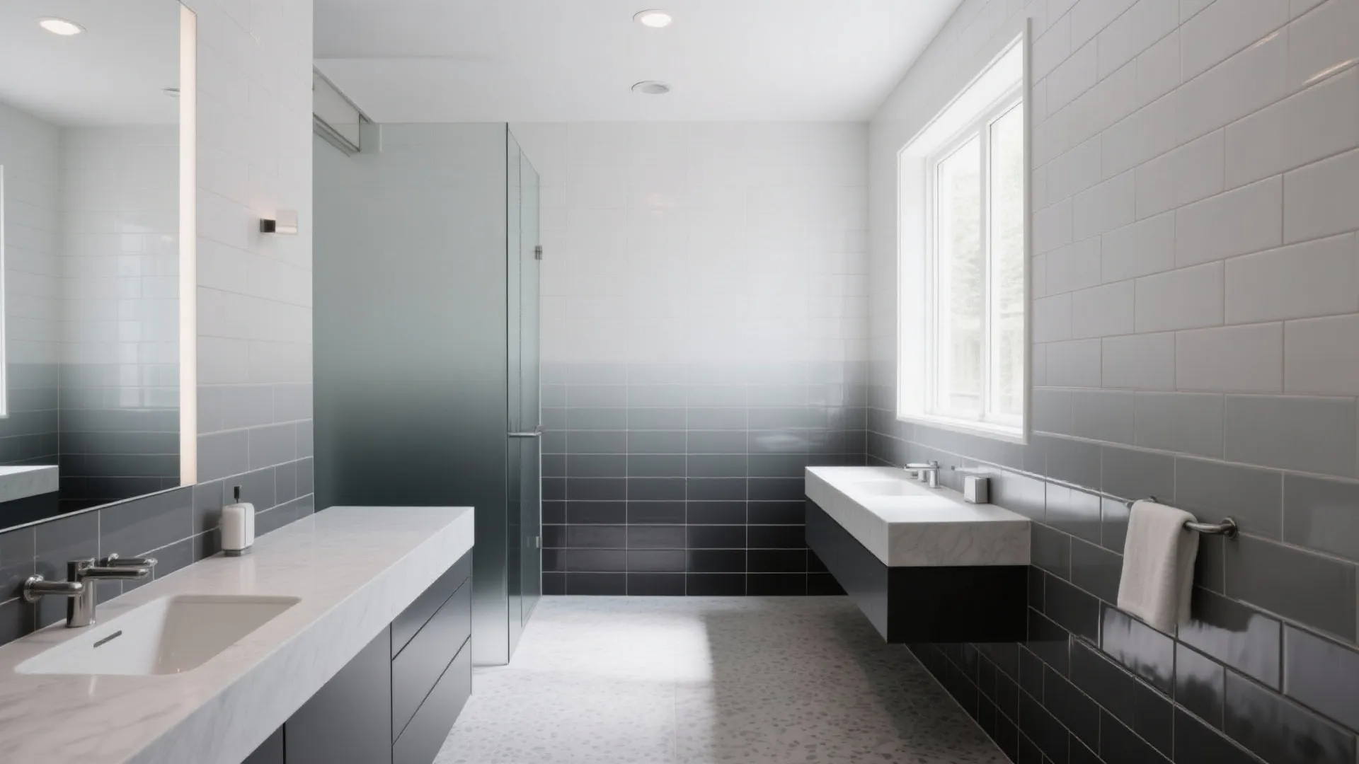 Modern bathroom featuring grey ombre wall tiles glass shower door double sinks and large window