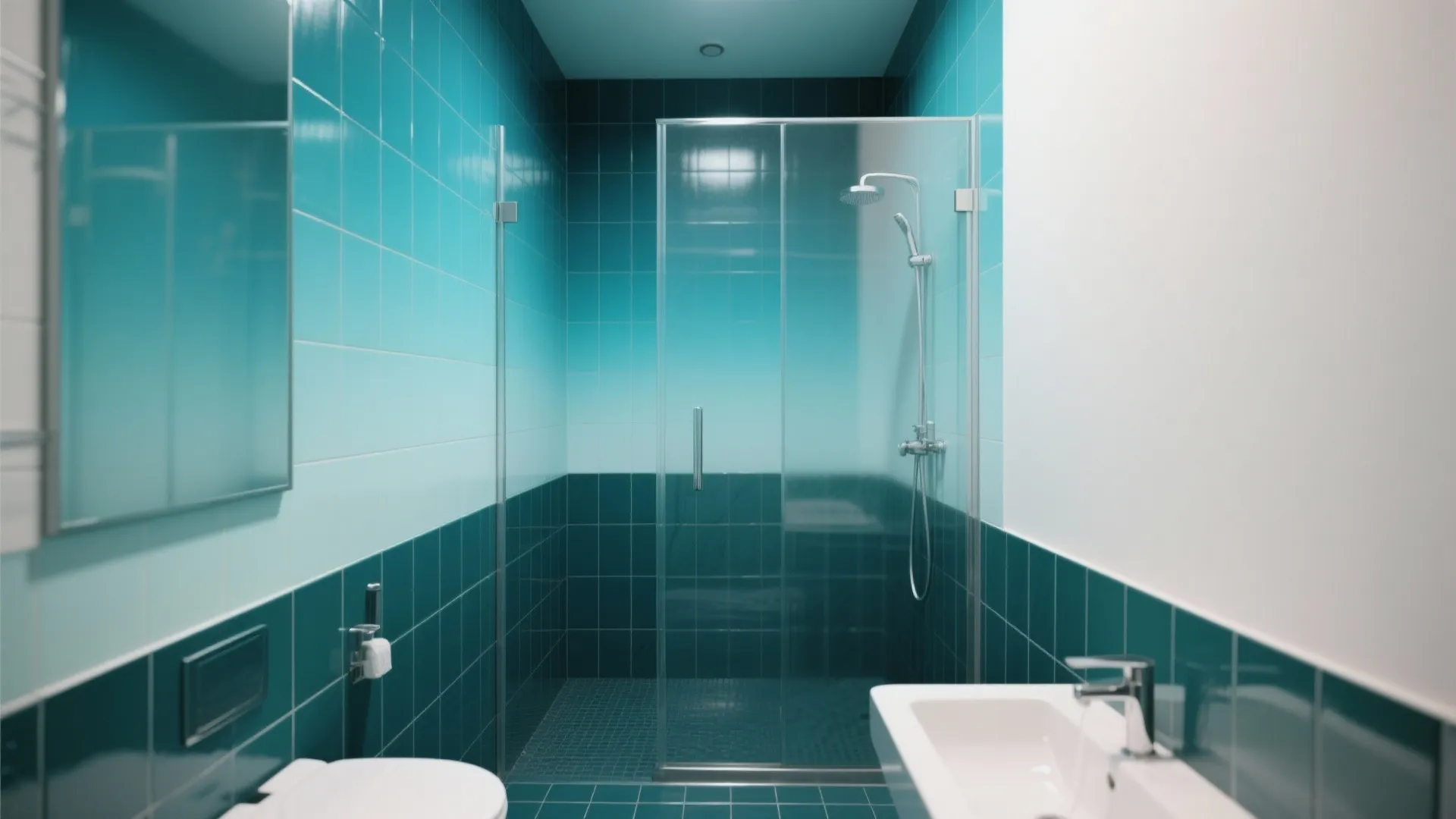 Modern bathroom featuring blue gradient wall tiles glass shower door white sink and dark floor