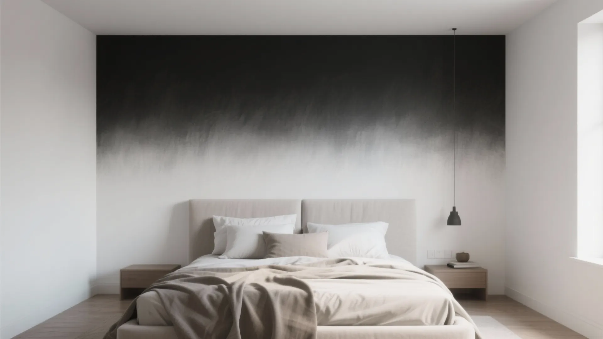 Minimalist bedroom with a large bed wooden side tables and black to white gradient wall