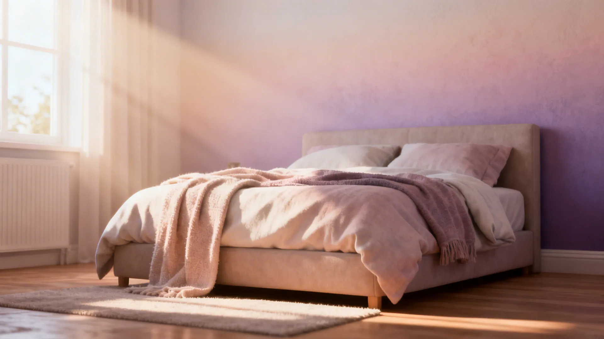 Bedroom with an ombre wall gradient from light near the ceiling to darker near the floor.