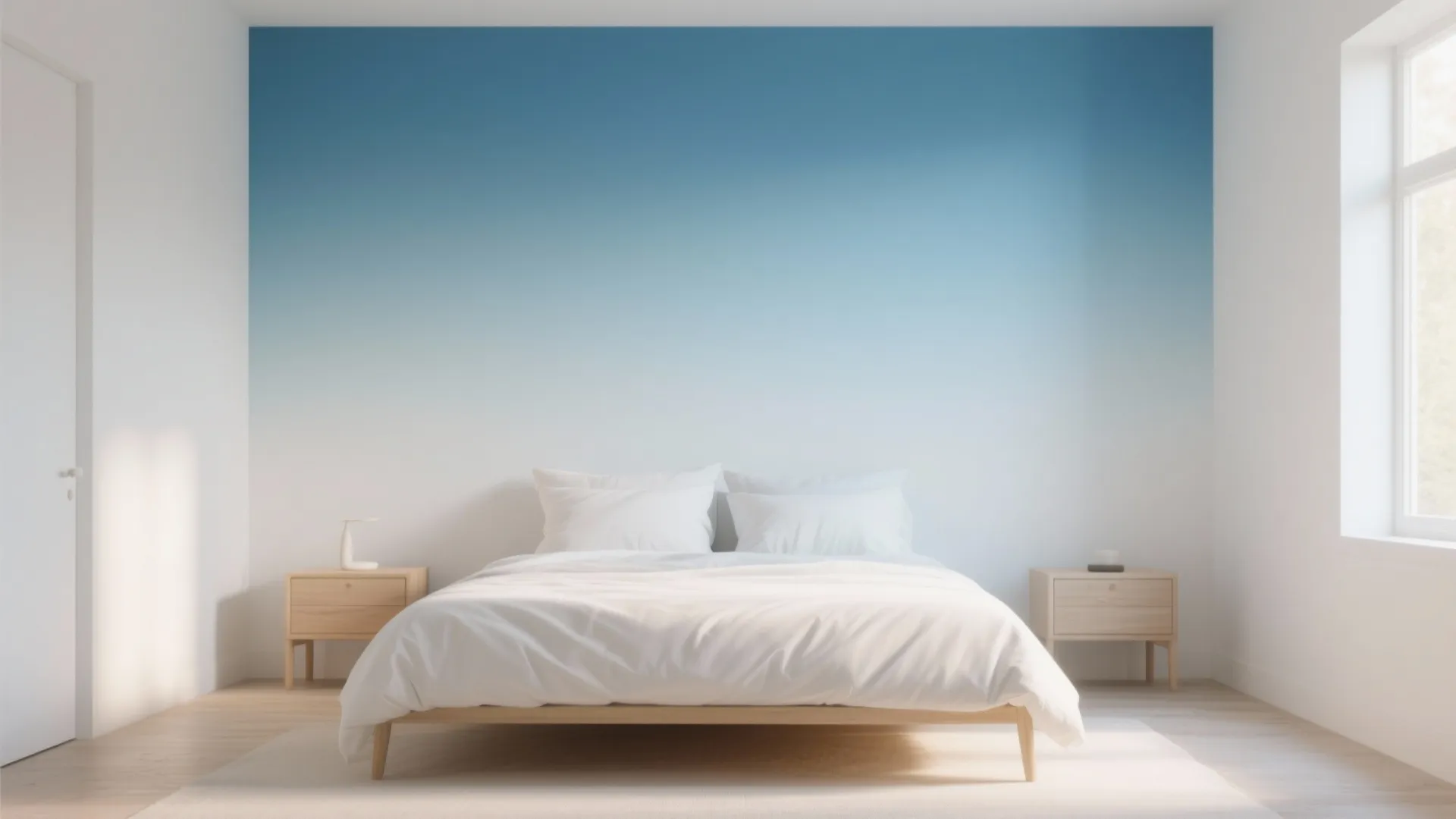 Minimalist bedroom featuring a blue ombre wall behind a white bed with two wood nightstands