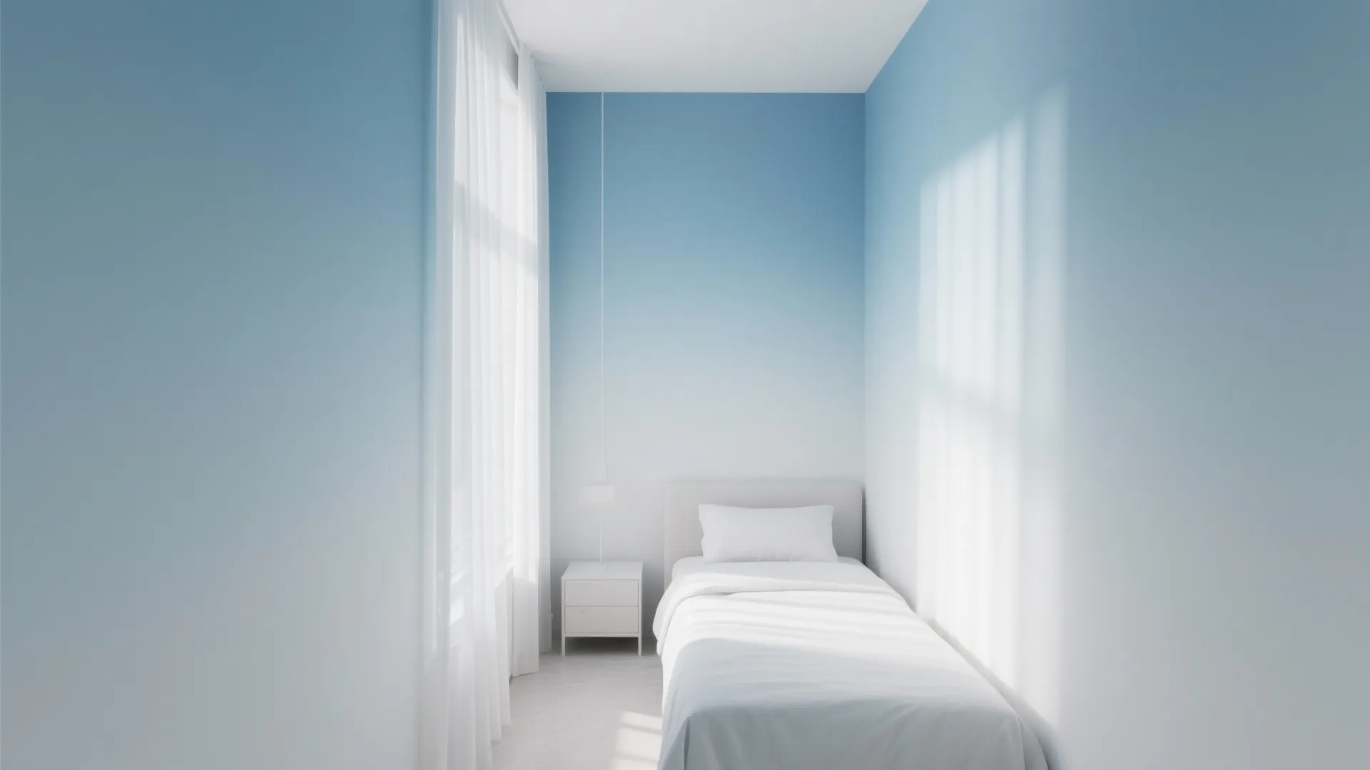 Minimalist bedroom with blue ombre wall, single bed, white nightstand, white curtains, and natural sunlight
