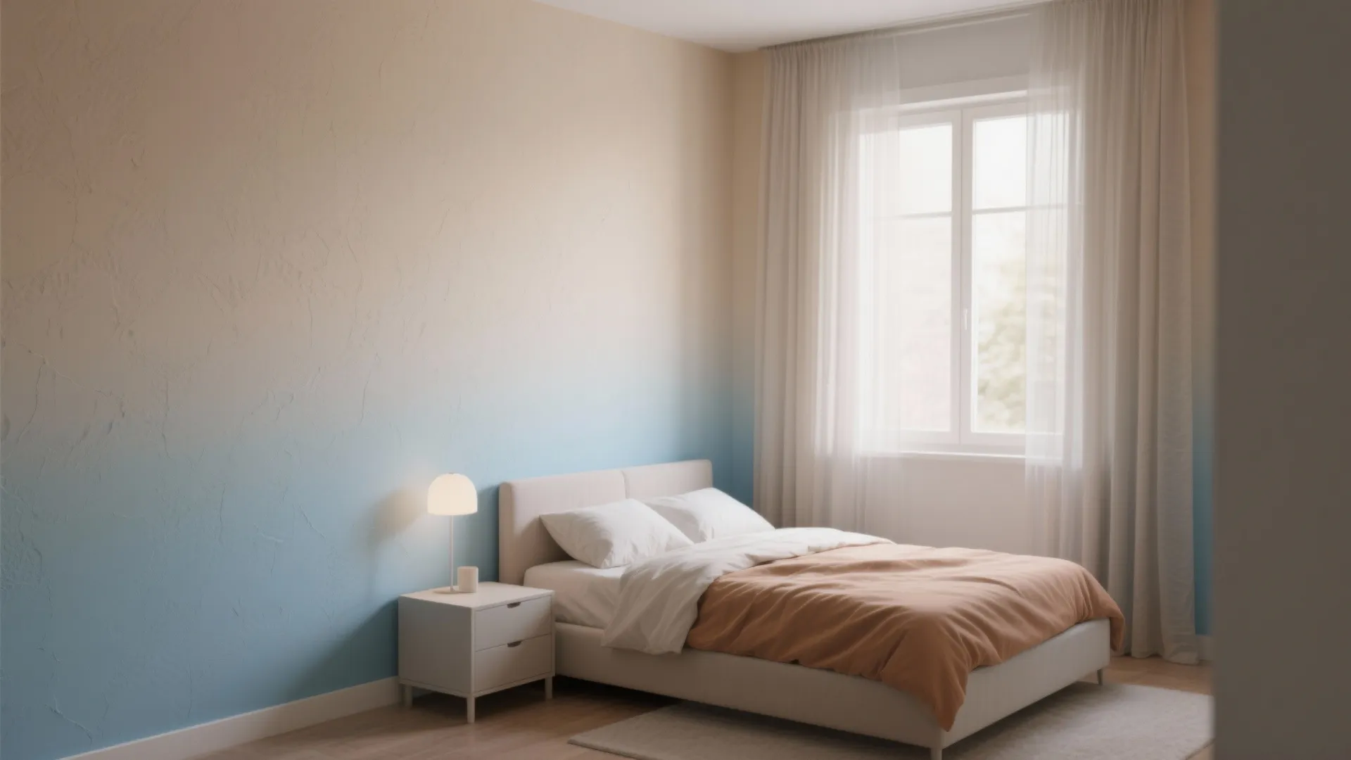 Bright bedroom with blue and beige wall paint fade white bed and curtains near a window