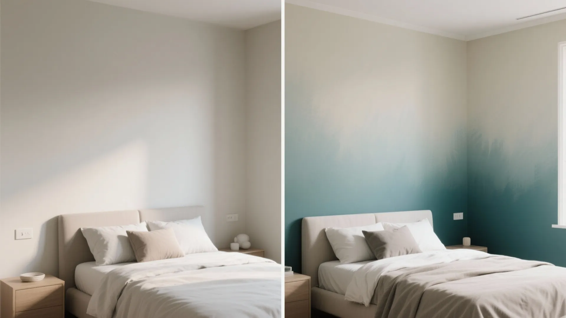 Before and after comparison of a plain white bedroom wall versus a blue gradient wall