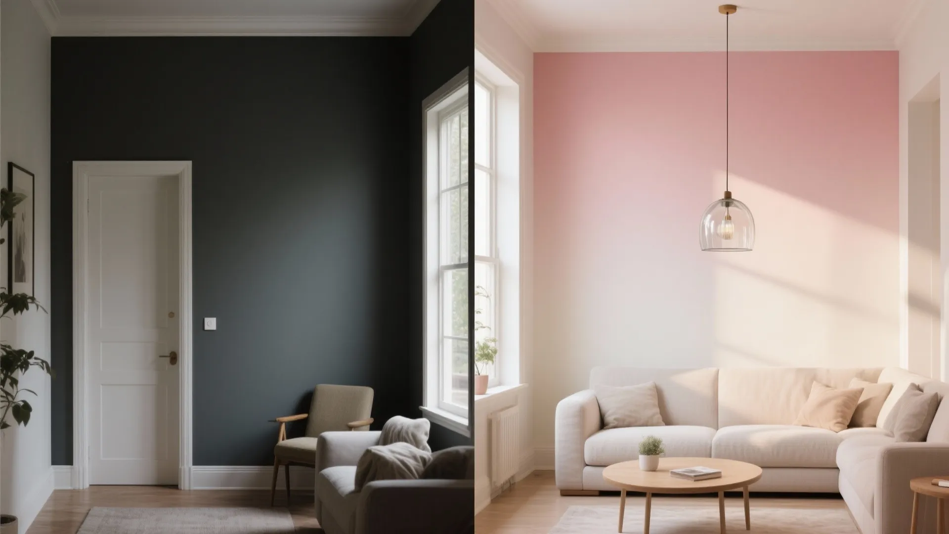 Before and after comparison showing dark grey room versus bright pink living room with sofa