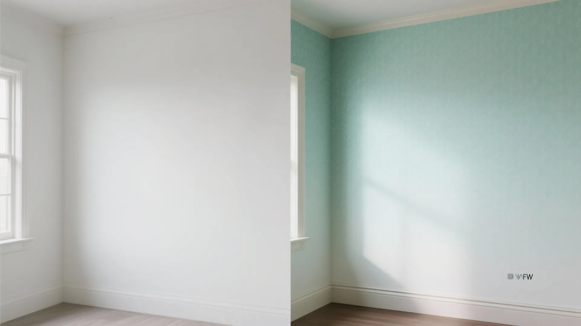 Before and after view of white wall corner and a light blue textured painted wall
