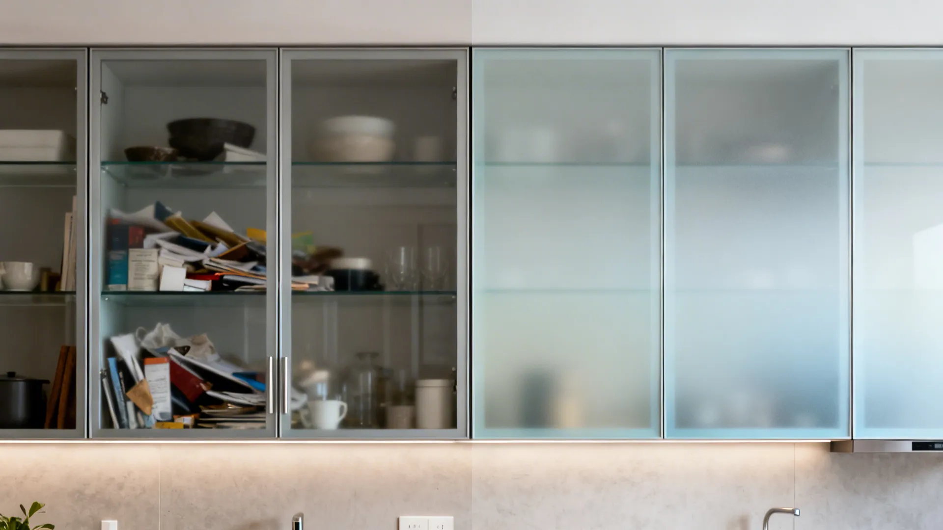 Before-and-after comparison of clear glass versus ombre etched cabinet doors showing reduced visual clutter.