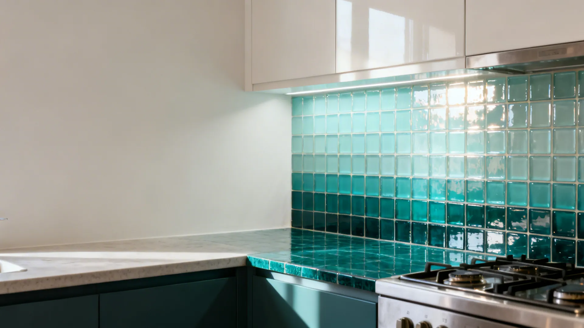 Before and after of a small kitchen showing an ombre glass mosaic backsplash transformation.