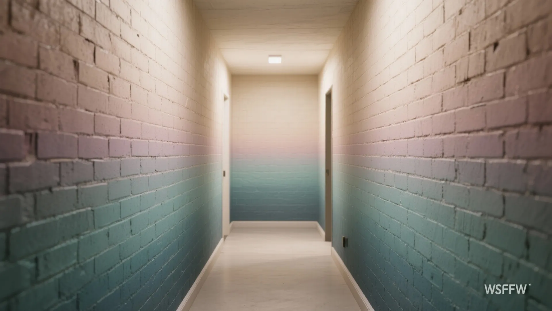 Long hallway with brick walls painted in a gradient from cream to pink to teal