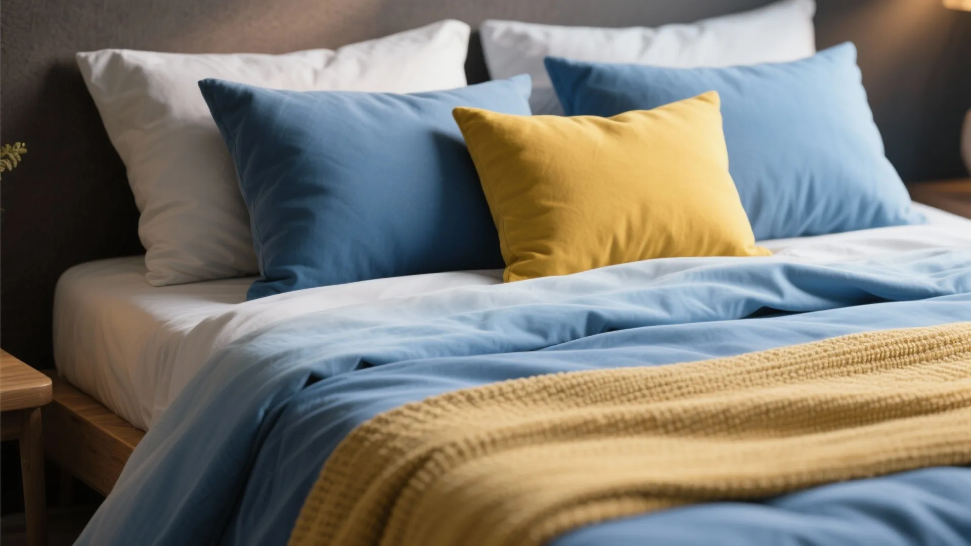 3. Ombre Blue Bedding with Sunny Yellow Throw