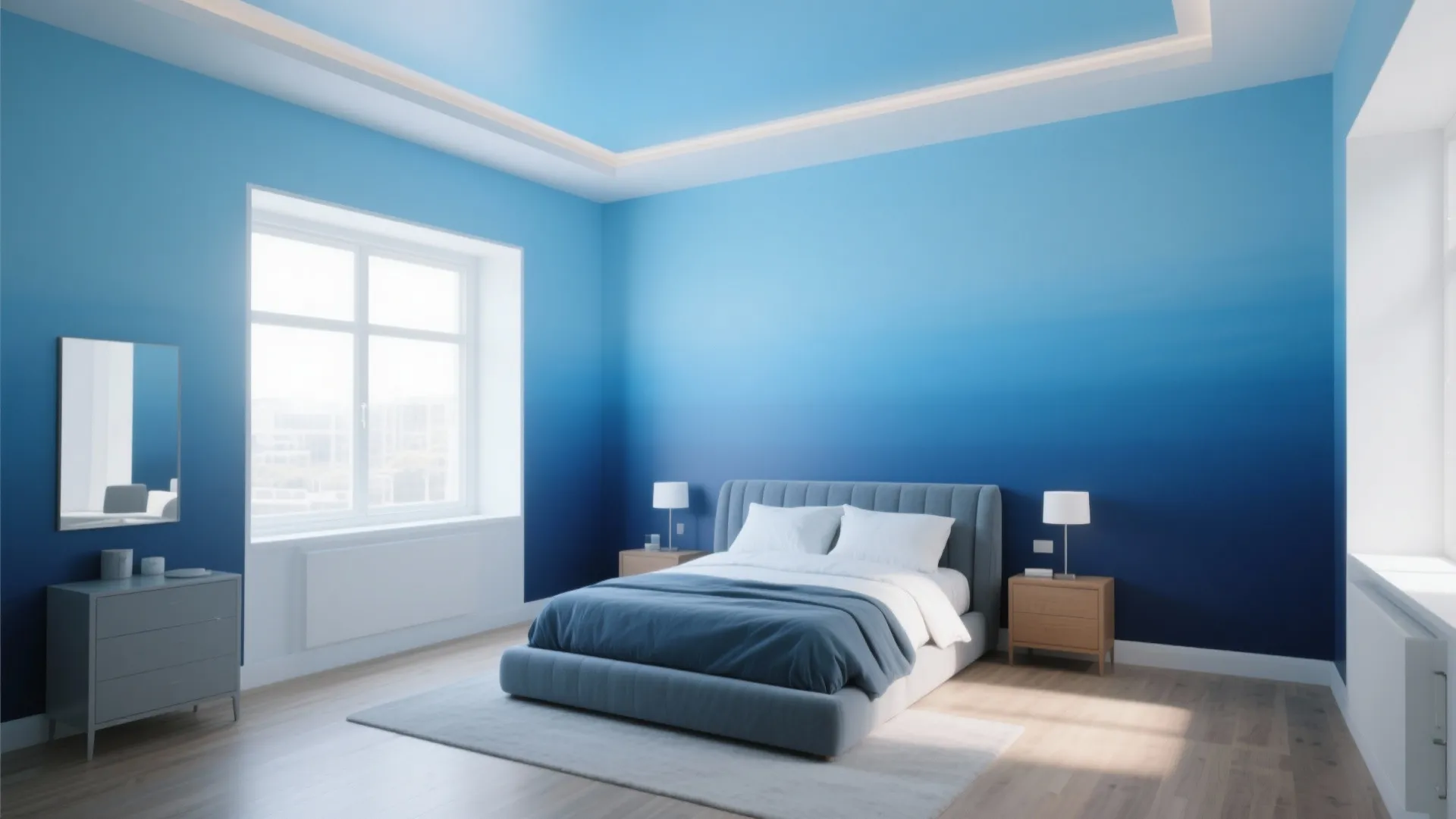Bedroom walls with a gradient from sky blue to navy