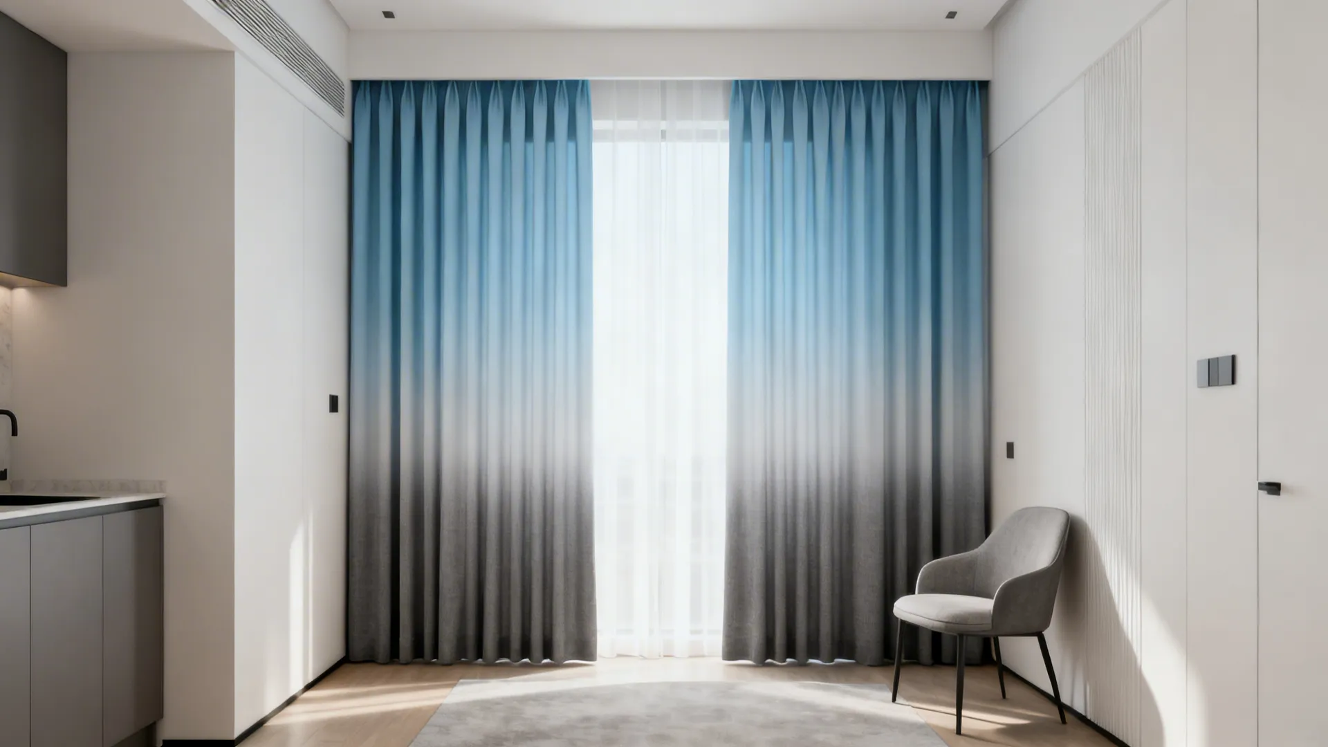 Small apartment living area with ombre curtains transitioning from blue to grey creating vertical motion.