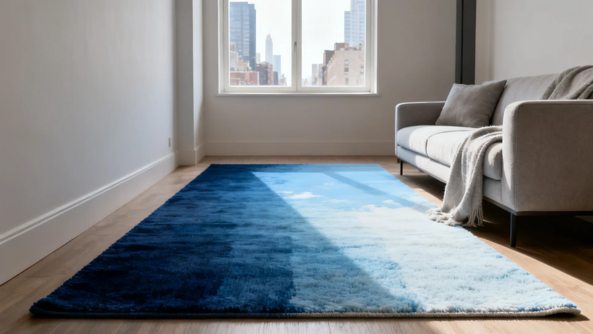 Narrow living room with an ombre blue rug graduating from dark to light leading to a window