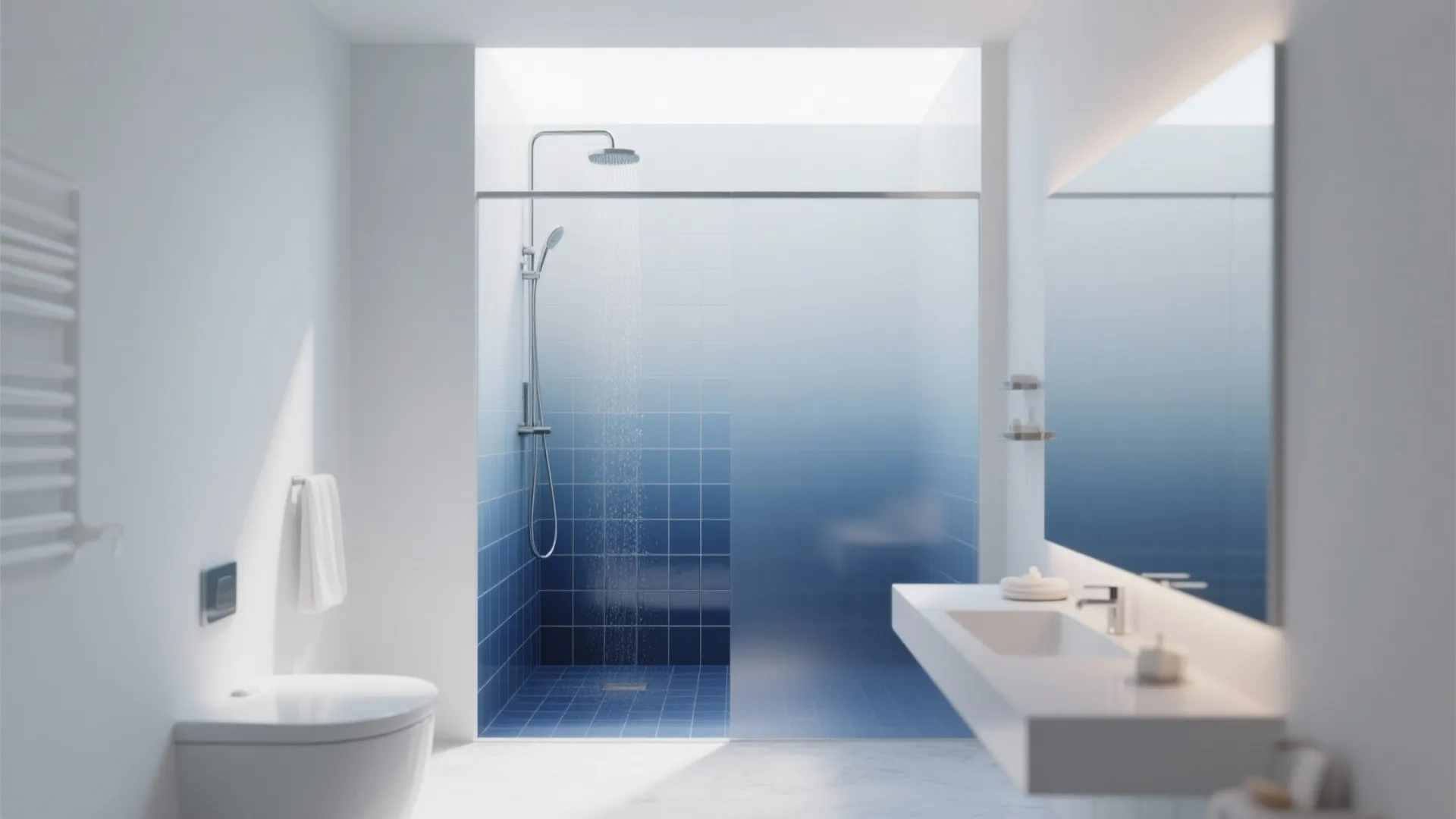 Modern bathroom with walk in shower featuring blue ombre wall tiles white toilet and sink