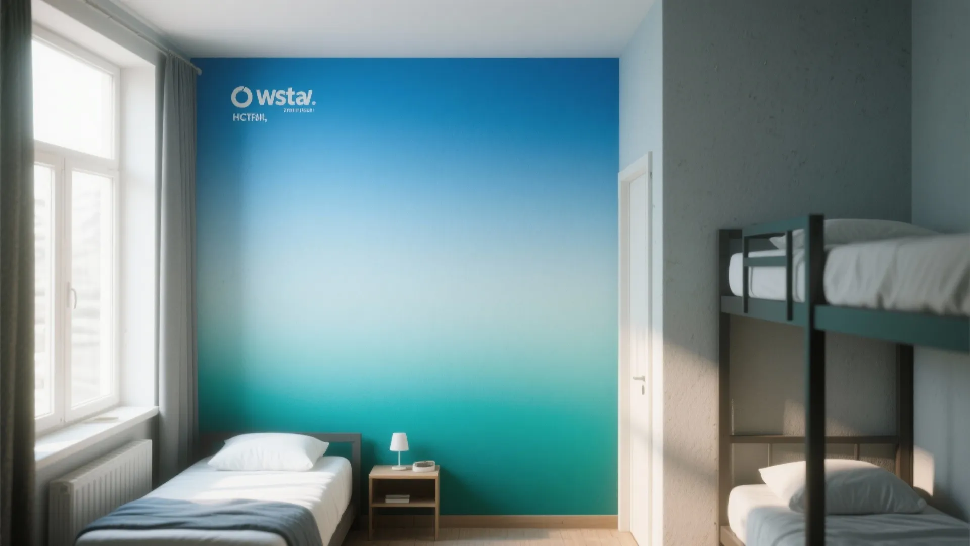 Modern dorm room featuring bright blue gradient wall paint single bed bunk beds and natural light