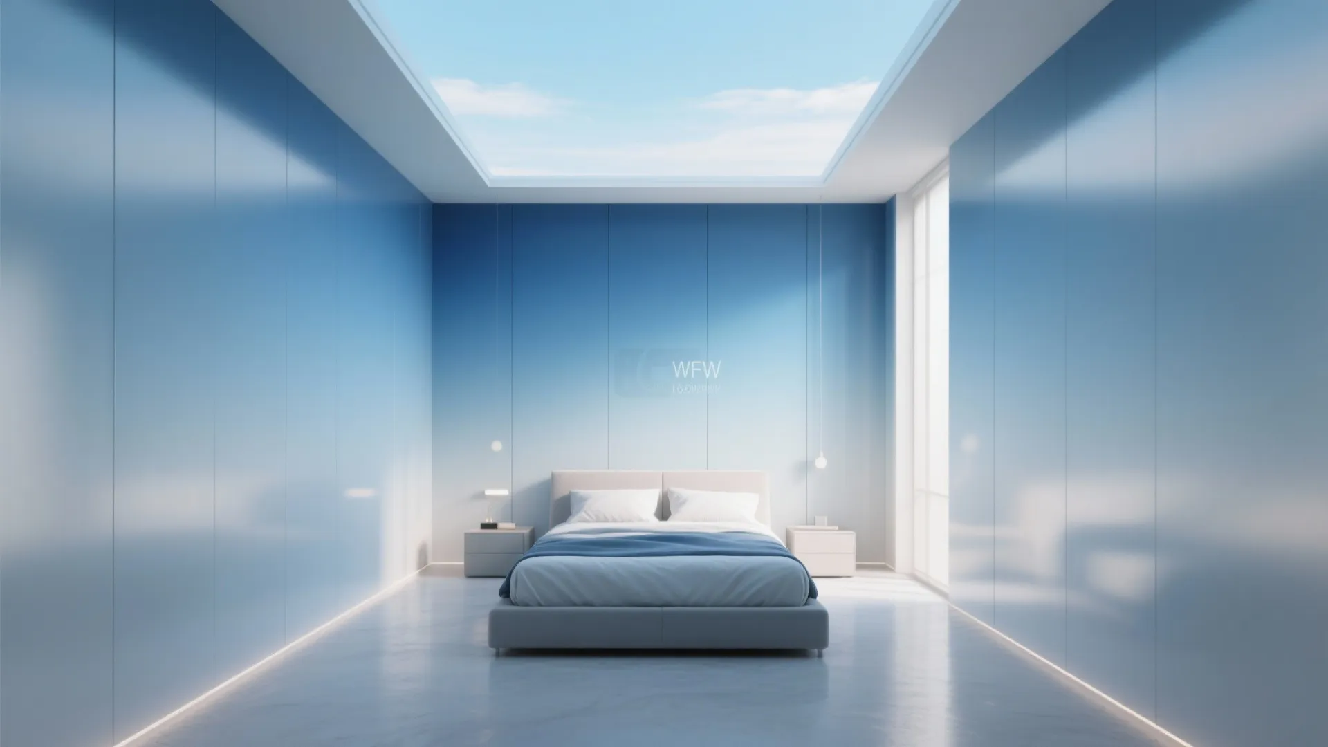 Long narrow bedroom with ombre blue wallpaper lifting the ceiling from pale to deep tones.