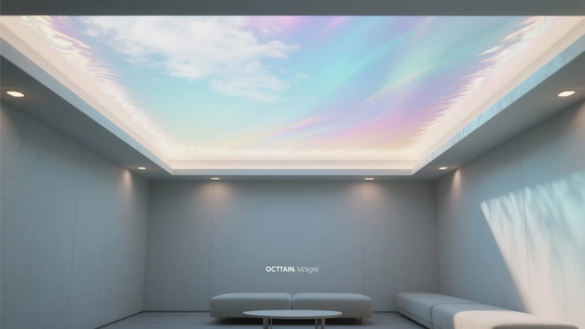 Compact room viewed upward with an ombre iridescent ceiling that creates height and airy lightness.