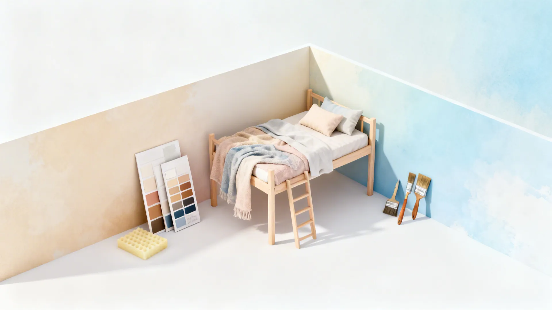 Guest loft showing a soft ombré gradient from wall to slanted ceiling creating visual lift